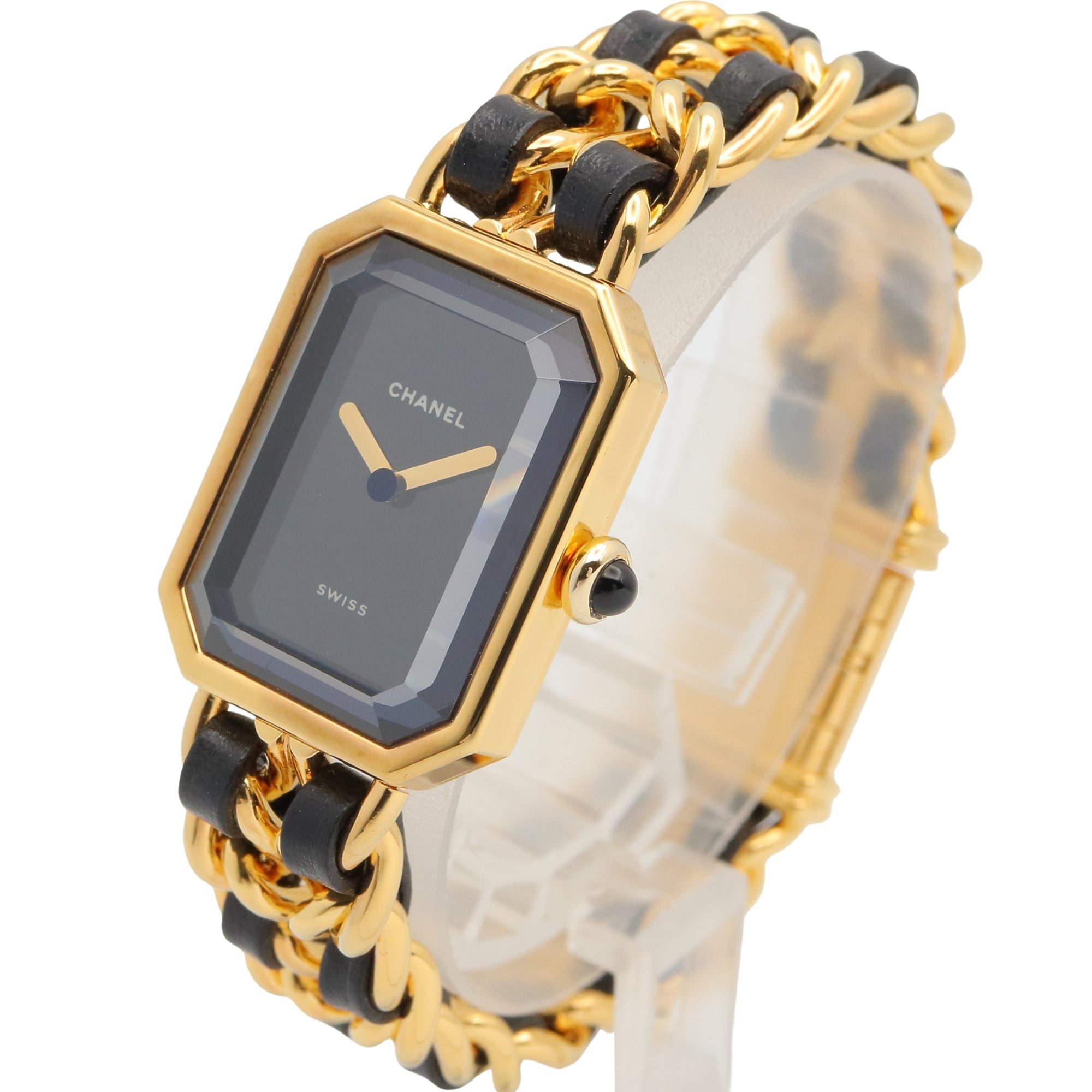 Chanel CHANEL Première M Wristwatch, Gold Plated (GP), Leather Strap, Women's, Black, H0001