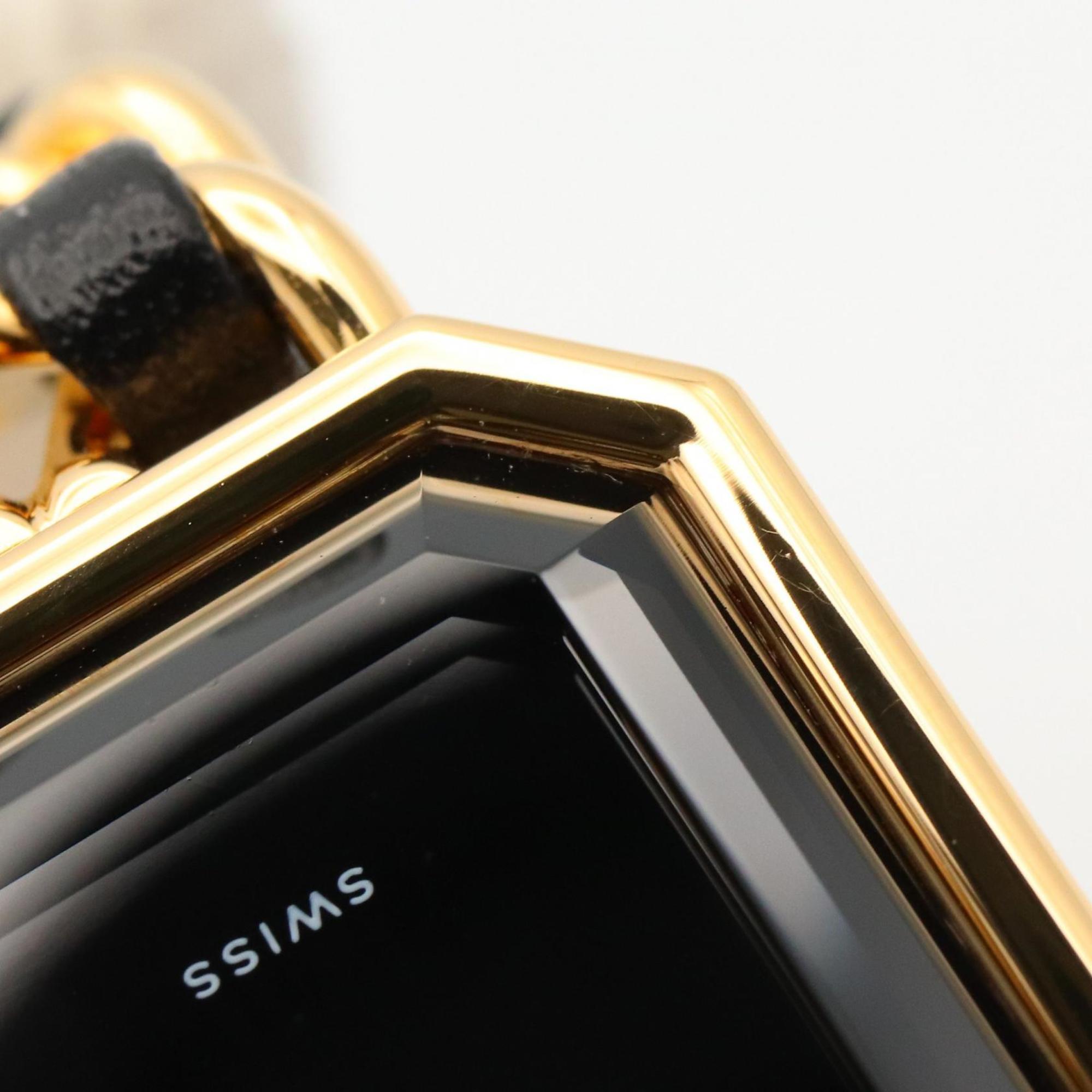 CHANEL Premiere S-horloge, verguld, met leren band, zwart, dames, H0001