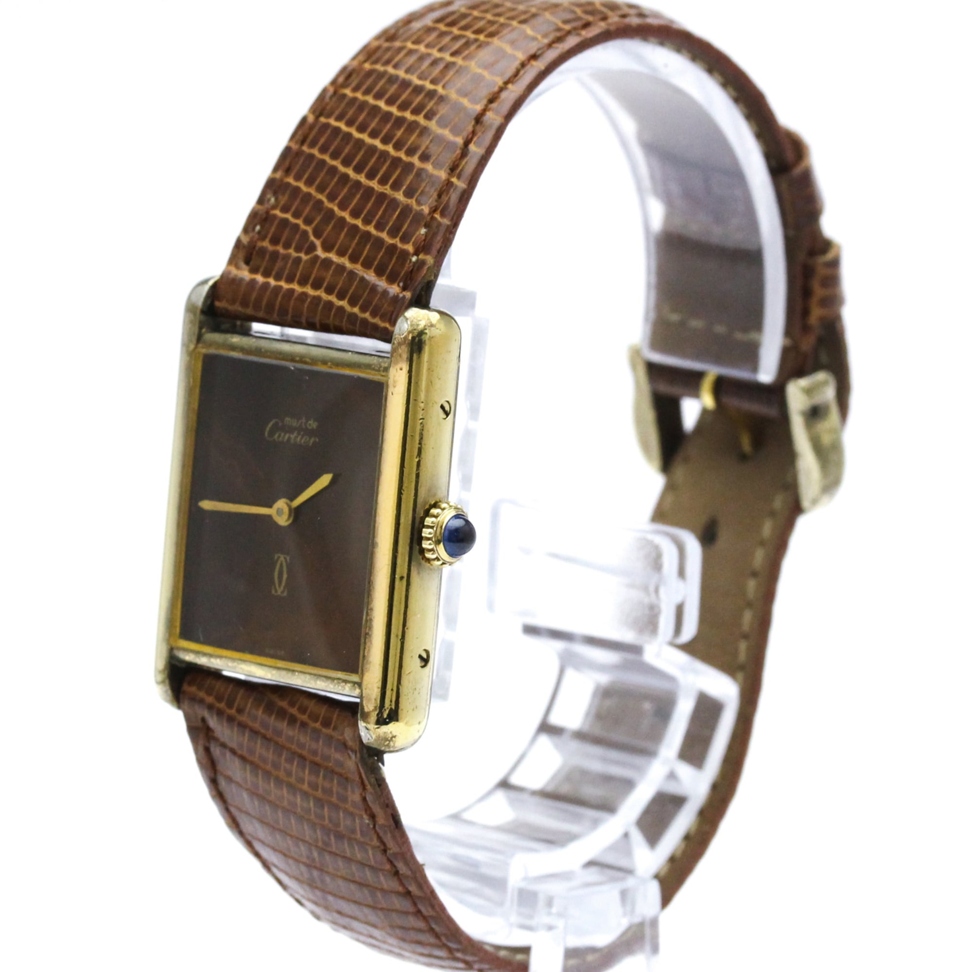 CARTIER Tank Vermeil Gold Plated Leater Hand-Winding Mens Watch