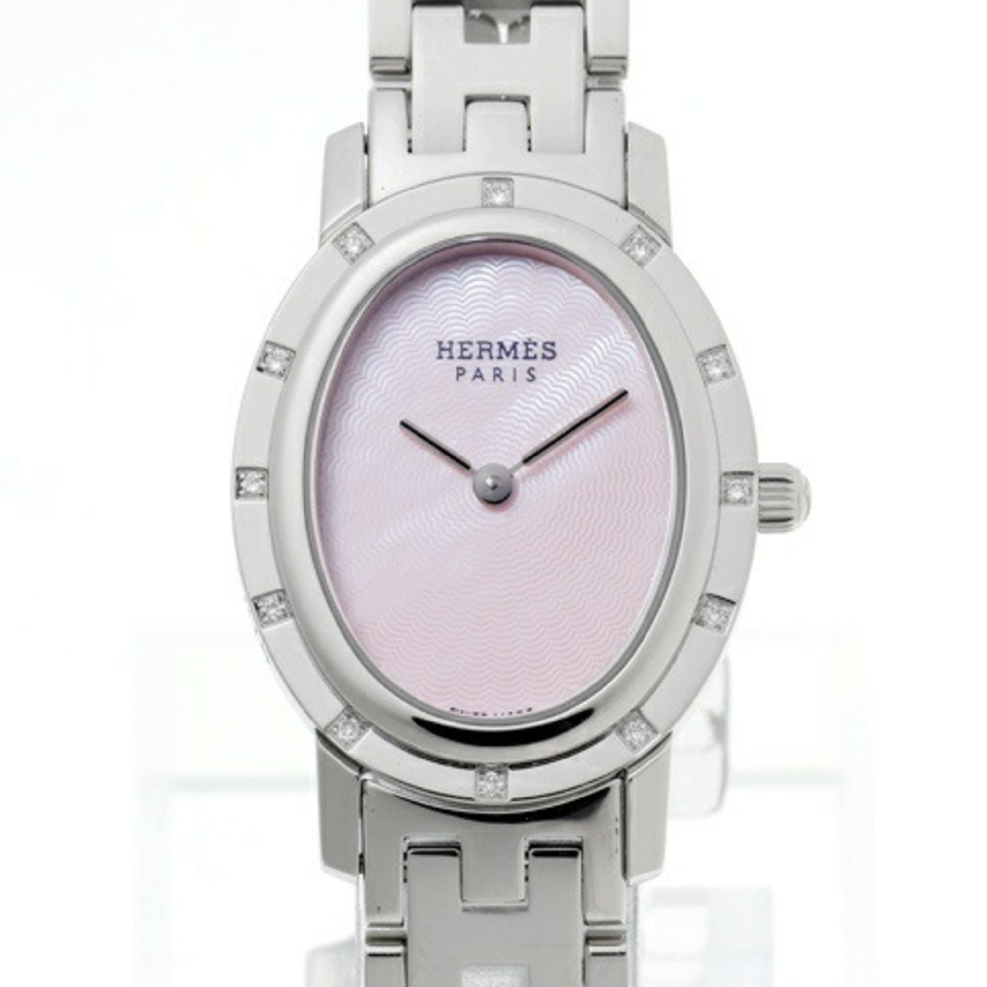 Hermès Clipper Ovale en nacre CO1.230, 12 pierres, lunette sertie de diamants, boîtier Rose mouvement Quartz