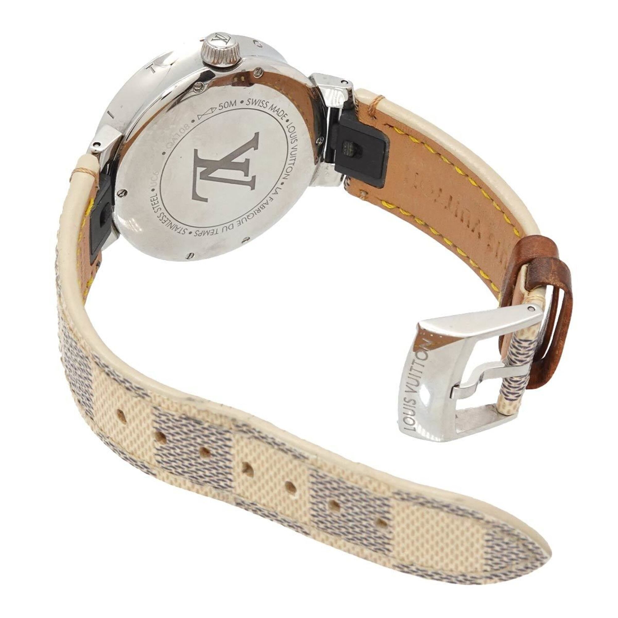 Louis Vuitton Tambour Moon Dual Time MM GMT QA108 Ladies' with 12 Diamond Lugs Black Diamonds Silver Quartz Movement.