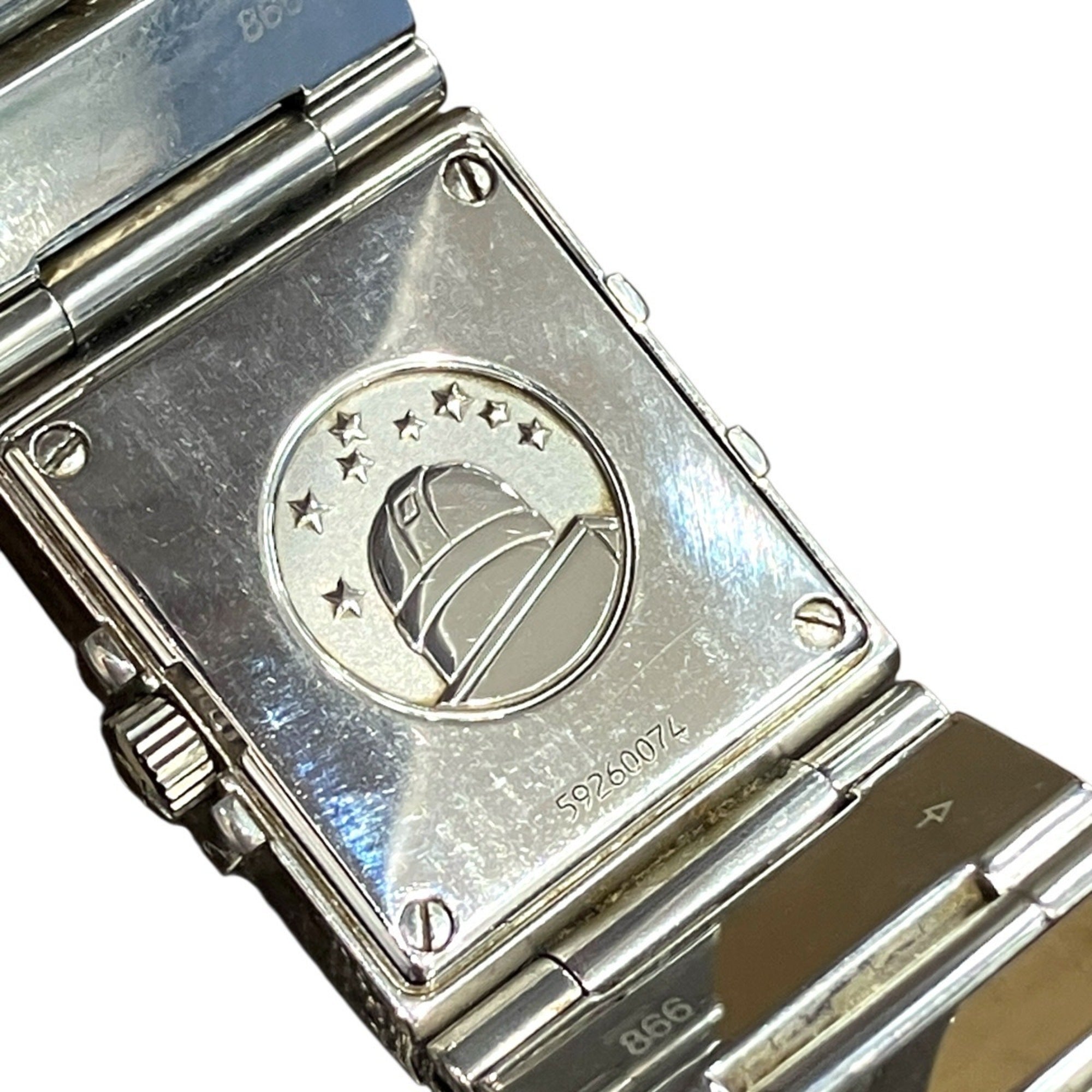 Omega Constellation Carre Quadra watch, total weight 66.2g, stainless steel, quartz movement, black dial.