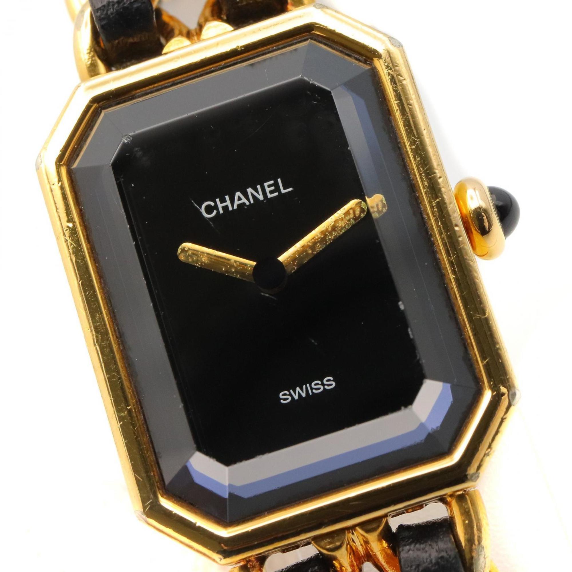 CHANEL Premiere M-horloge, verguld, met leren band, zwart, dames, H0001