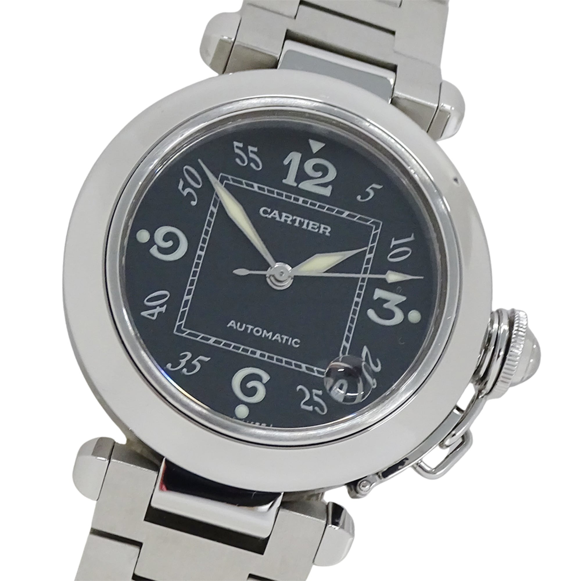 Cartier Pasha C Date Automatic Watch for Boys, Stainless Steel (SS) W31043M7, Silver/Black, Polished.