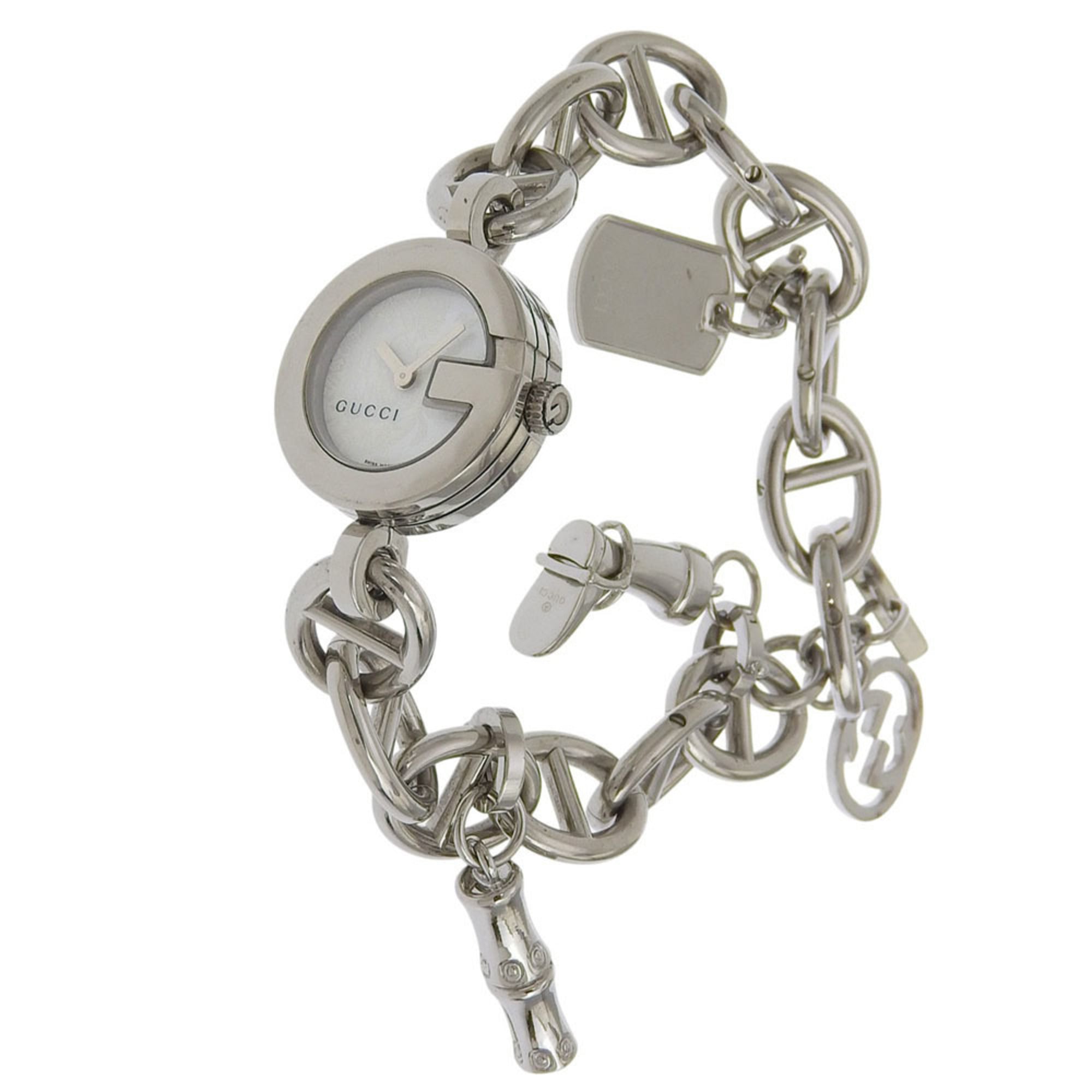 Gucci G Charm Bracelet Watch, 107 Stainless Steel, Quartz Movement, Analog Display, White Shell Dial, Women's