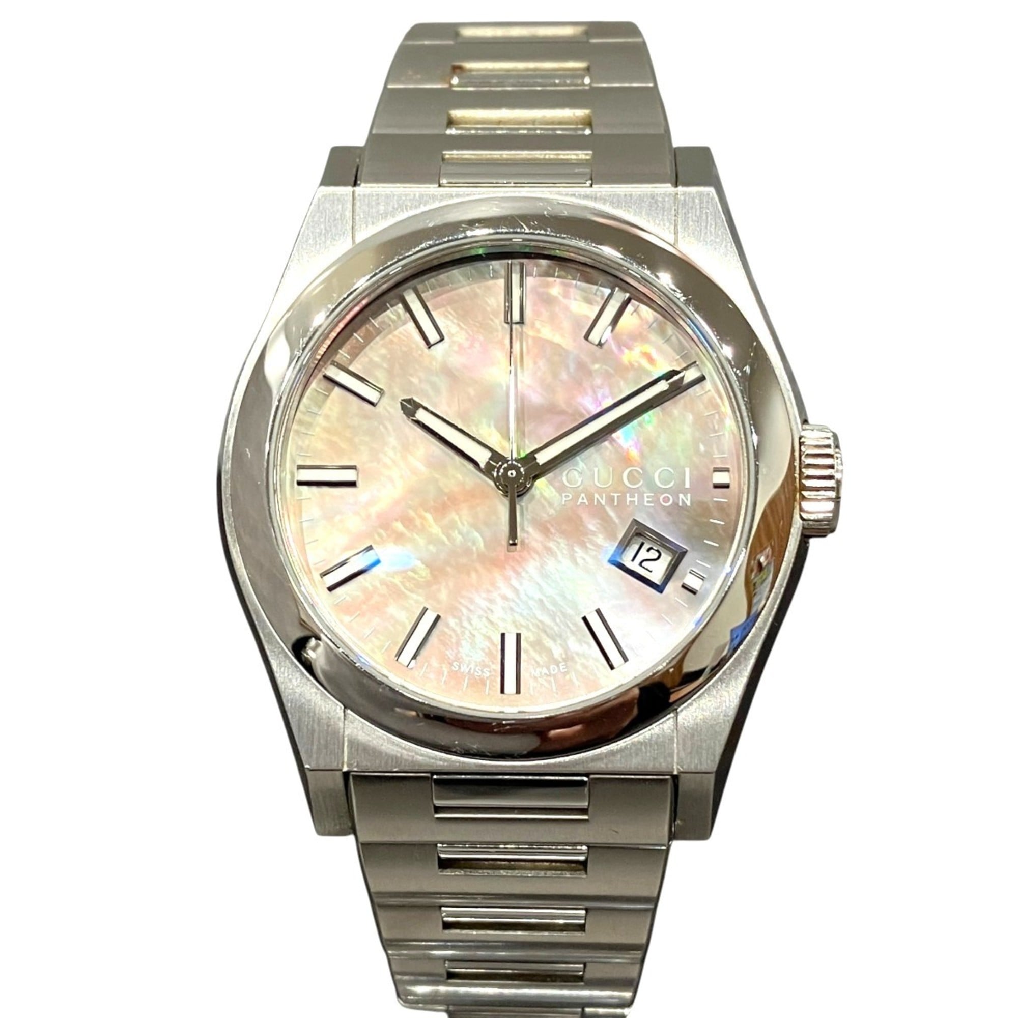 Gucci Pantheon watch, total weight 109.2g, stainless steel, quartz movement, black mother-of-pearl dial, YA115401, free shipping.