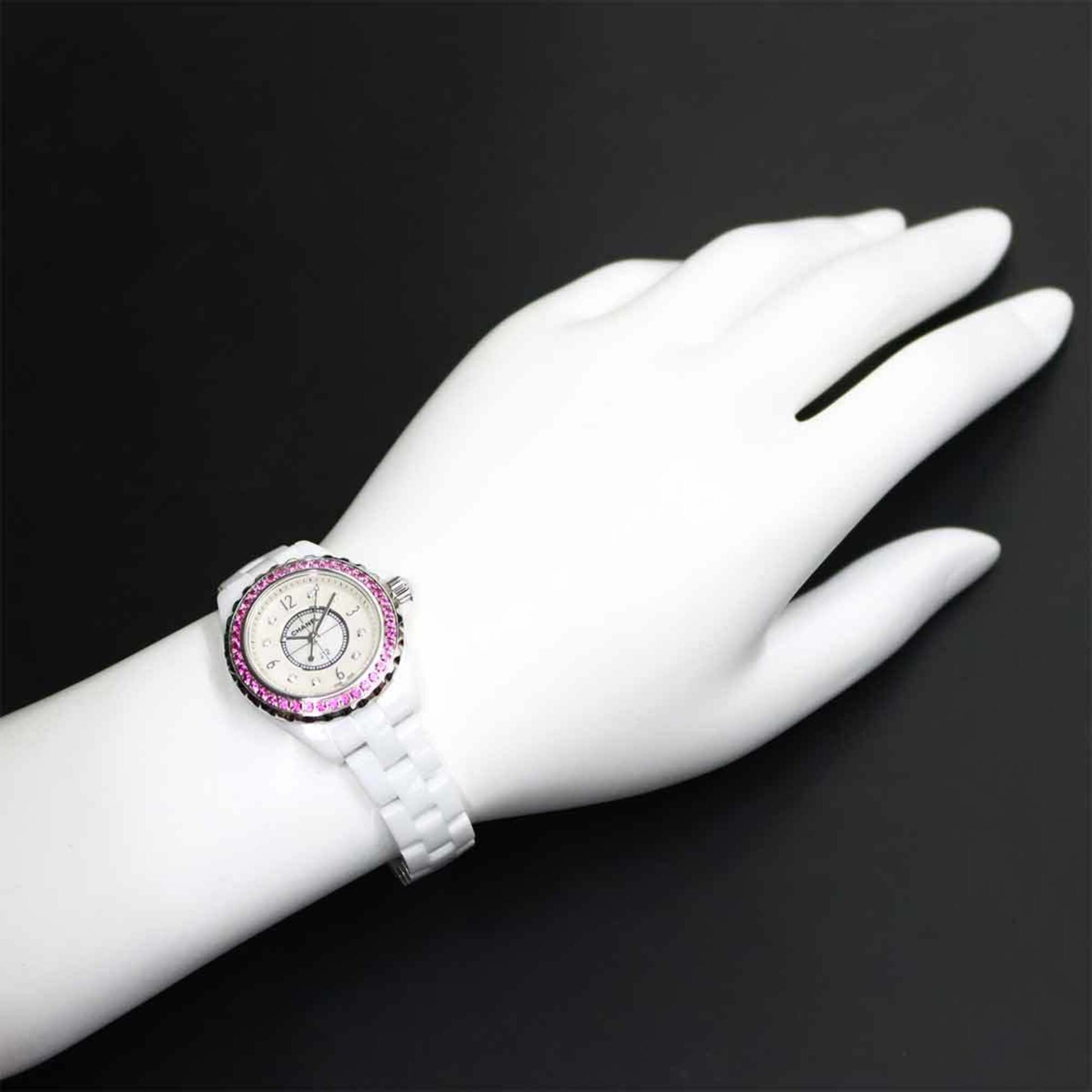 Chanel J12 29mm H3243 Wo Pink Sapphire Bezel 8 Diamonds White Shell Ceramic Quartz