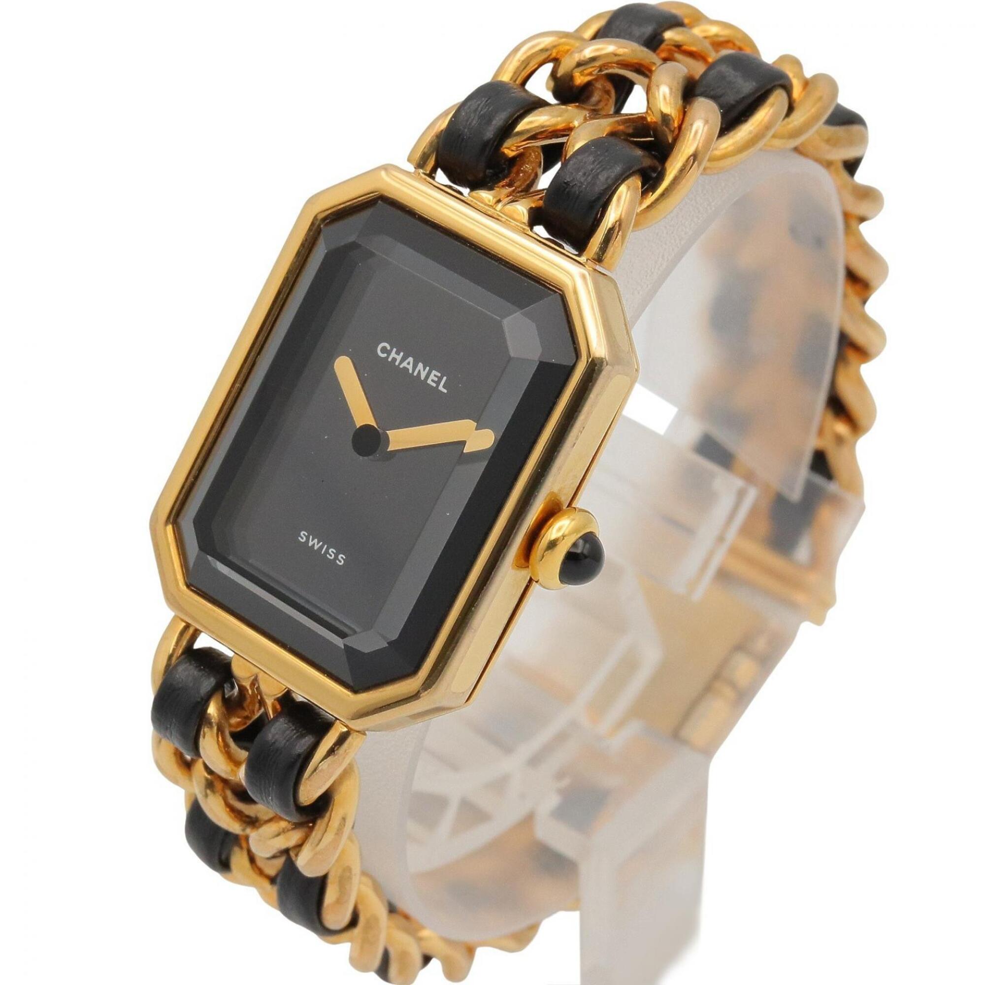 Chanel CHANEL Première S Watch, Gold Plated (GP), Leather Strap, Women's, Black, H0001