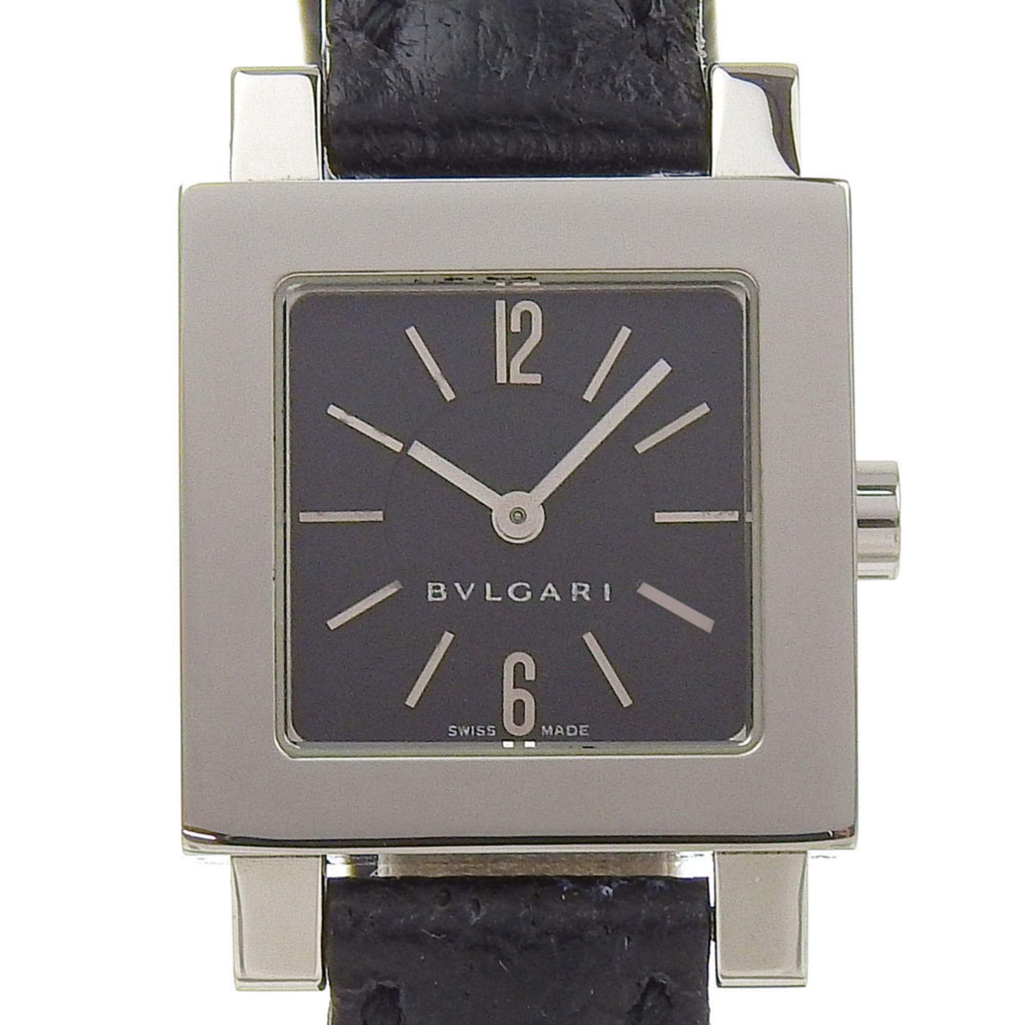 Bvlgari Quadrato SQ22SL Women's Watch, Stainless Steel with Embossed Leather, Quartz Movement, Analog Display, Black Dial