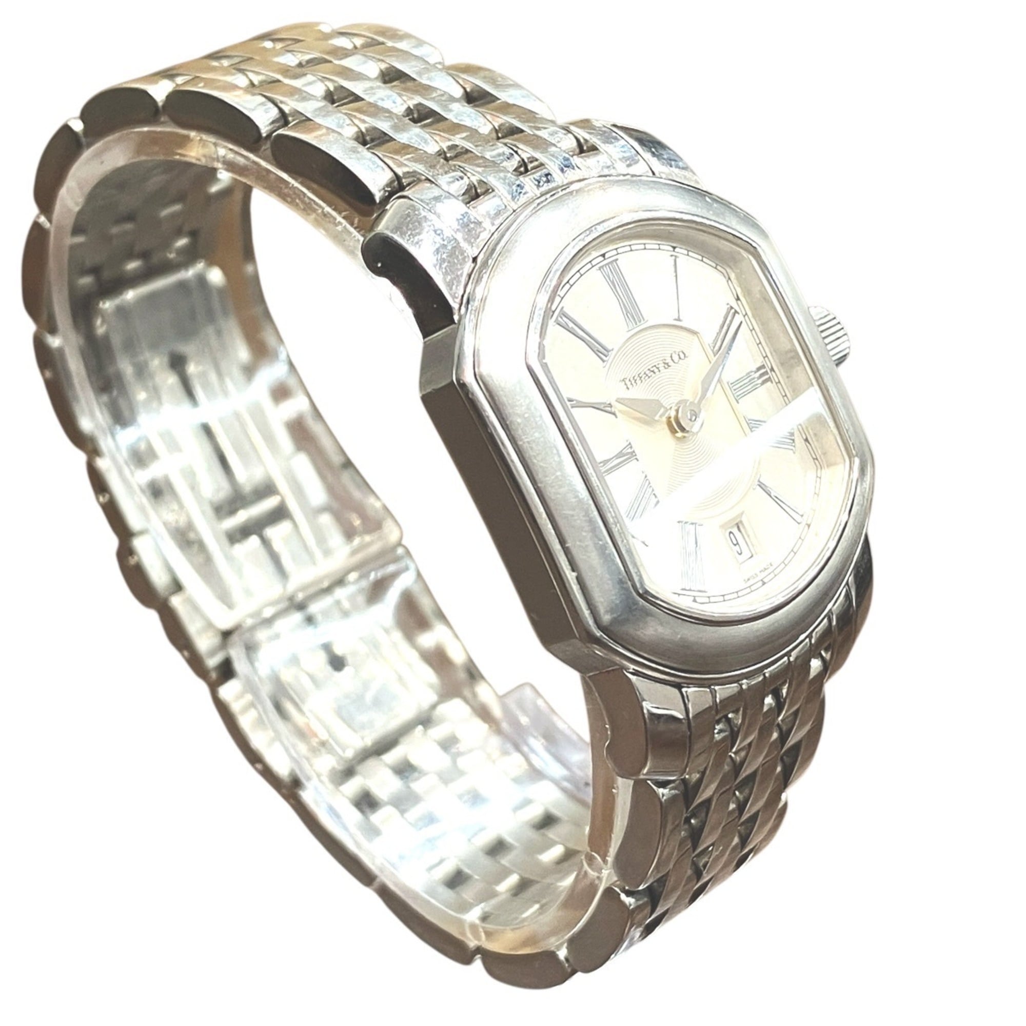 Tiffany & Co. Mark Coupe Date watch, total weight 58.2g, stainless steel, quartz movement, silver dial.