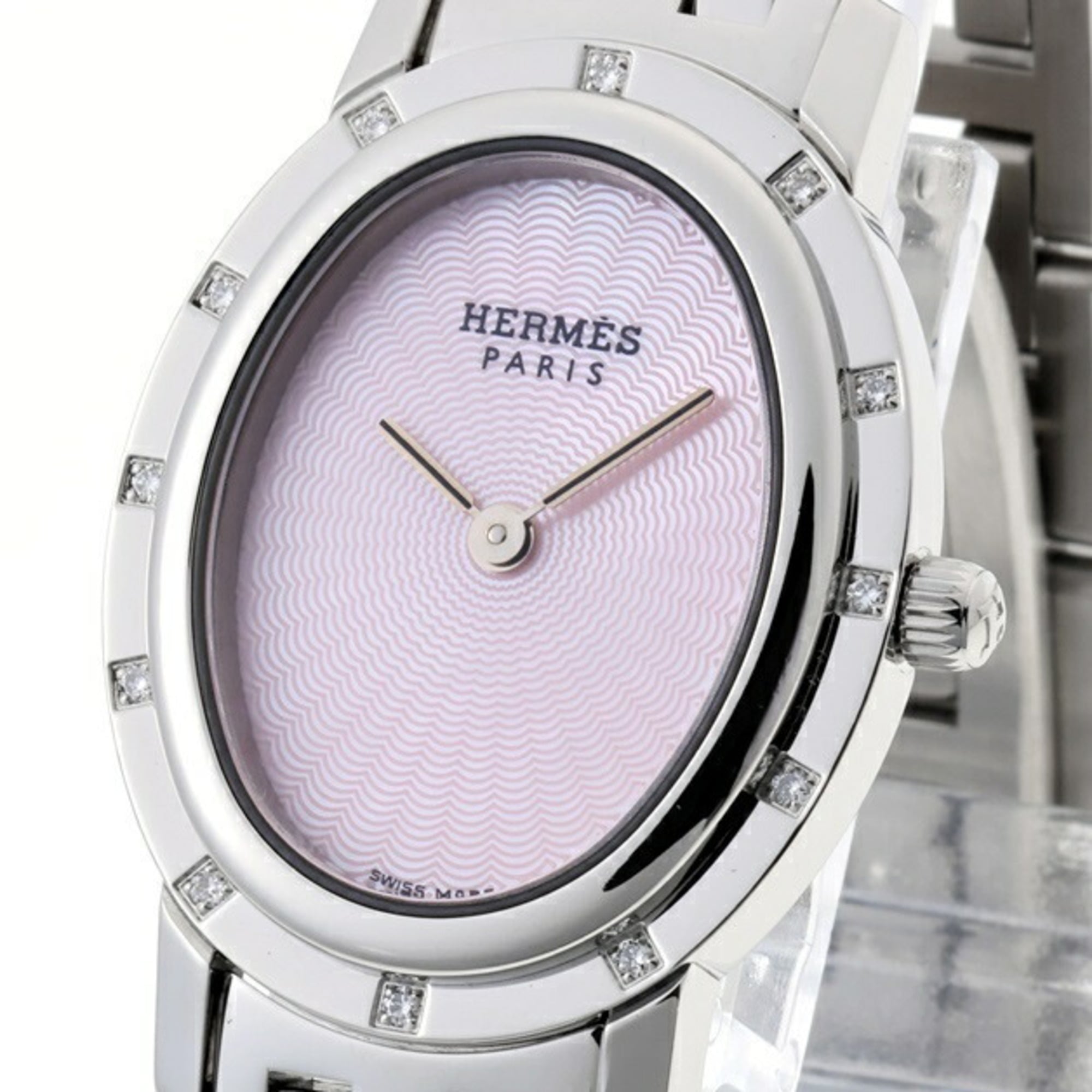 Hermes Clipper Oval Nacre CO1.230 12P Diamond Bezel Pink Shell Quartz