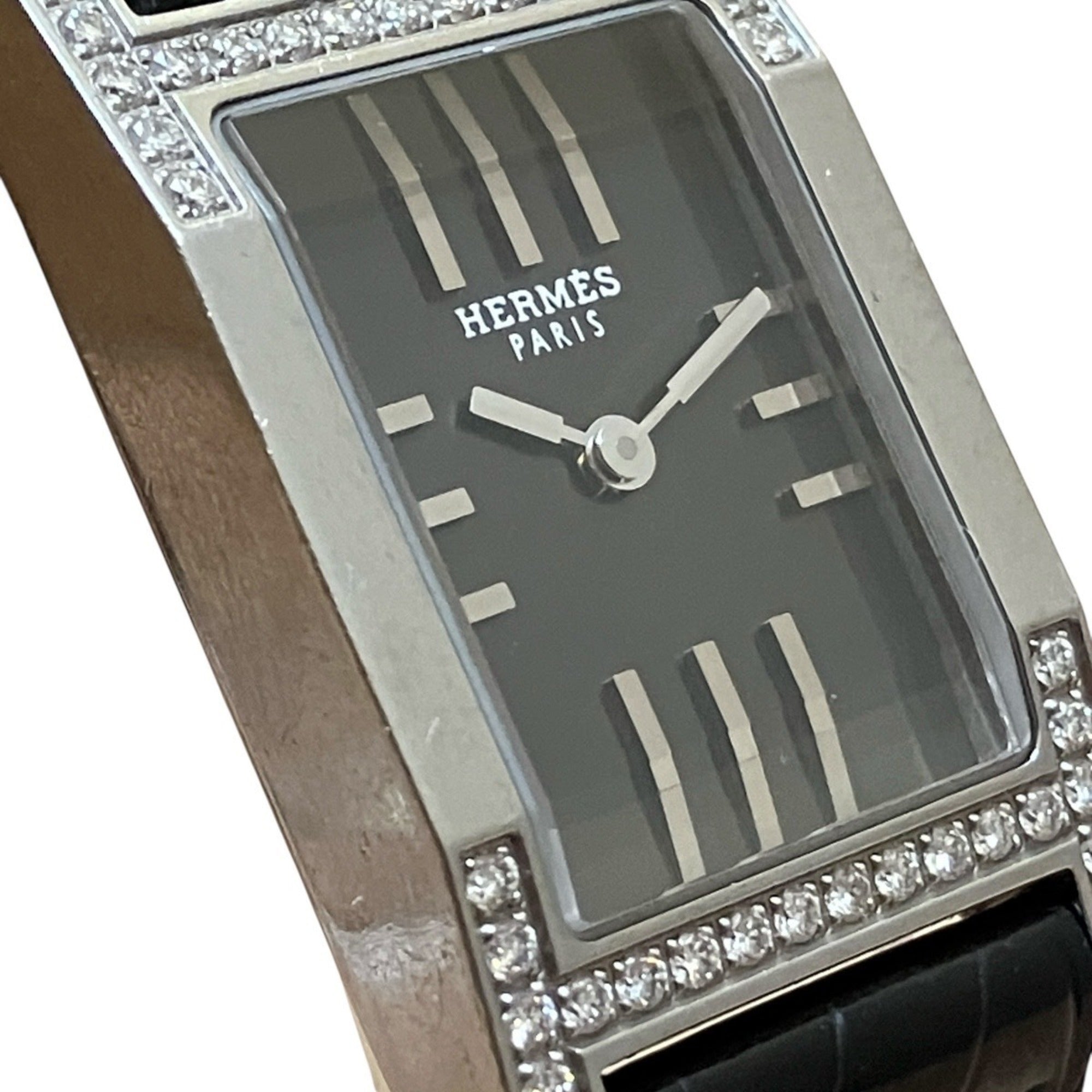 Hermes HERMES Dandem Diamond-Set Bezel Watch, Total Weight 20.8g, Stainless Steel, Genuine Leather Strap, Quartz Movement, Black Dial, TA1.230
