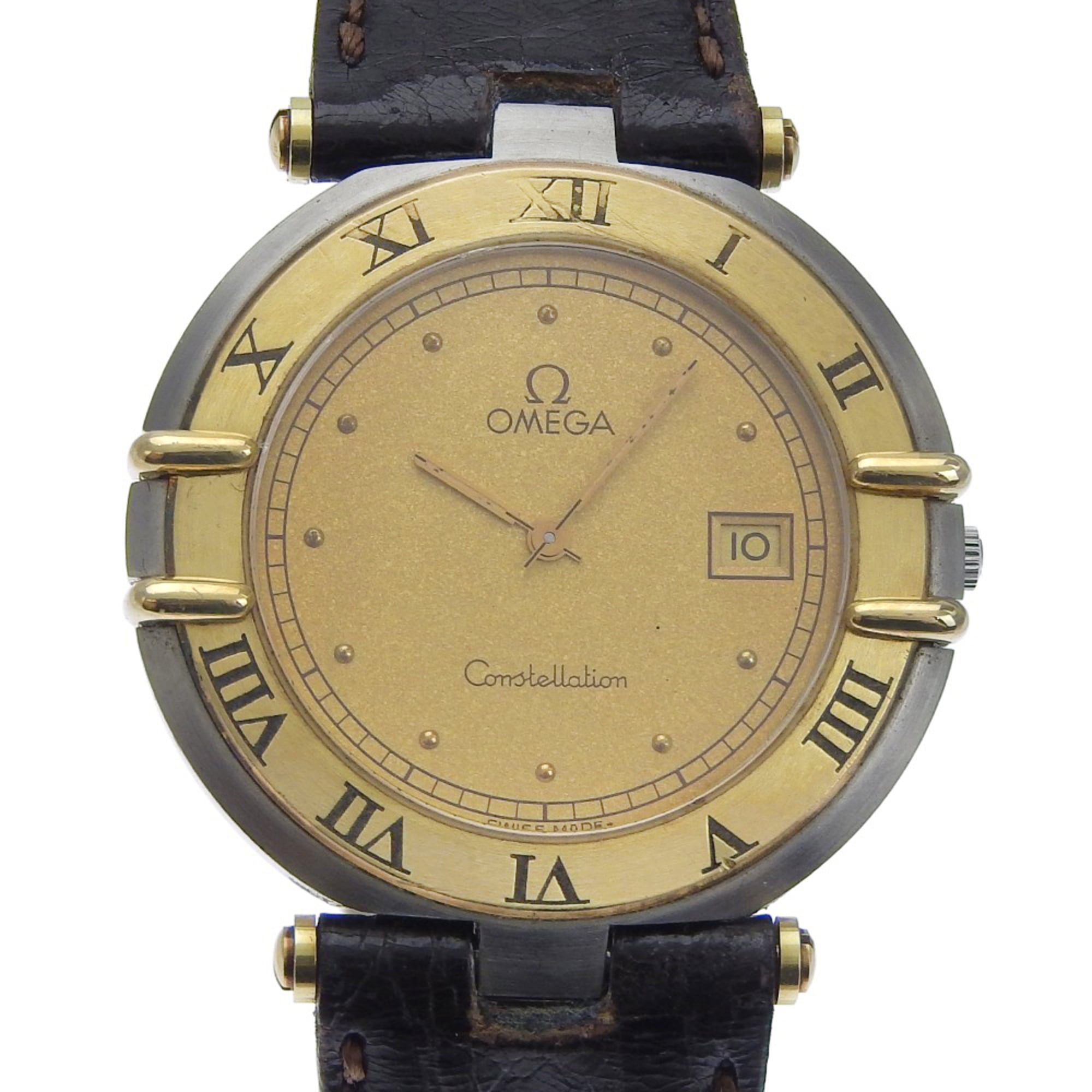 OMEGA Constellation Women's Watch, Stainless Steel and Leather, Quartz Movement, Analog Display, Gold Dial