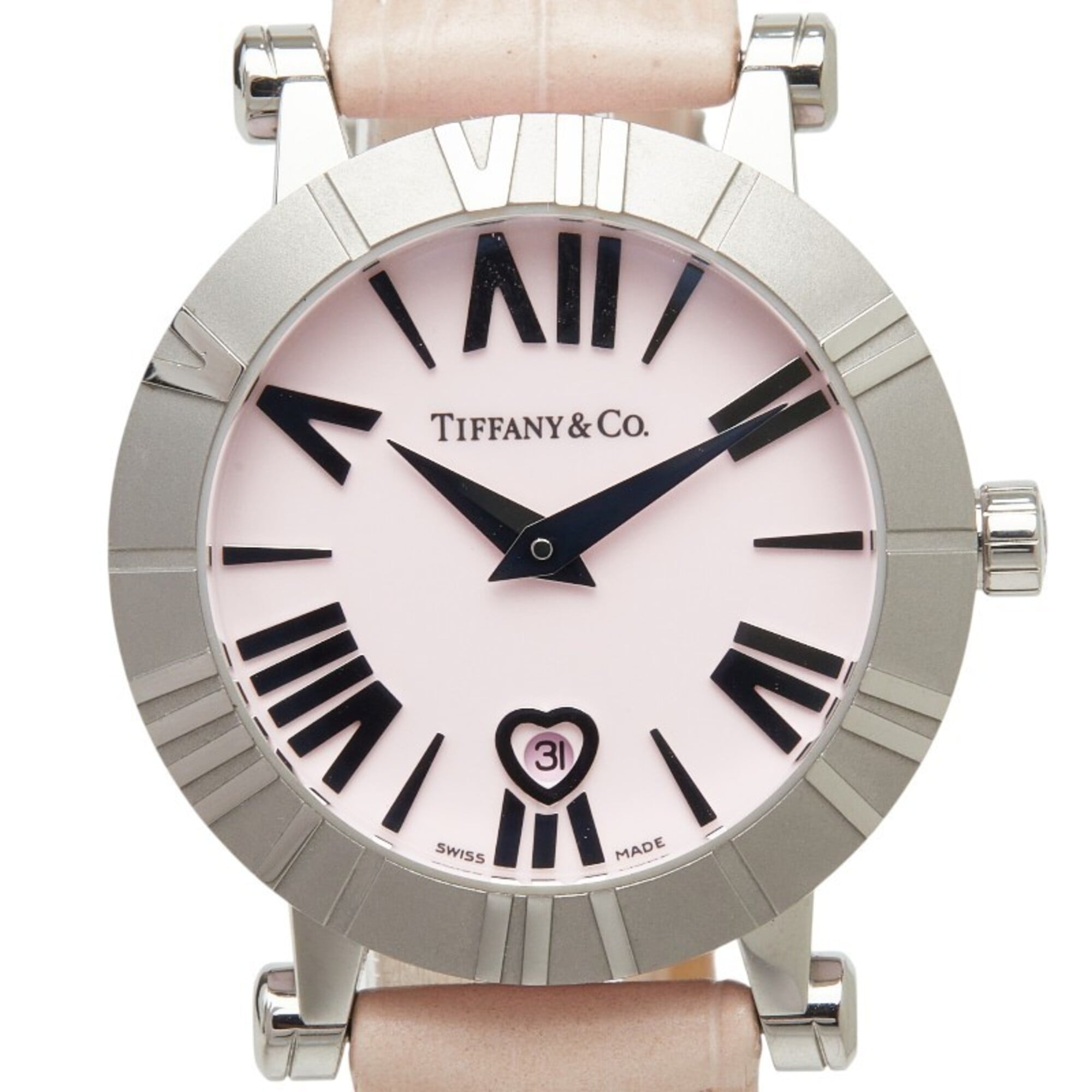 Tiffany & Co. Atlas Watch Z1300.11.11A31A41A Quartz Pink Dial Stainless Steel Leather Ceramic Ladies'