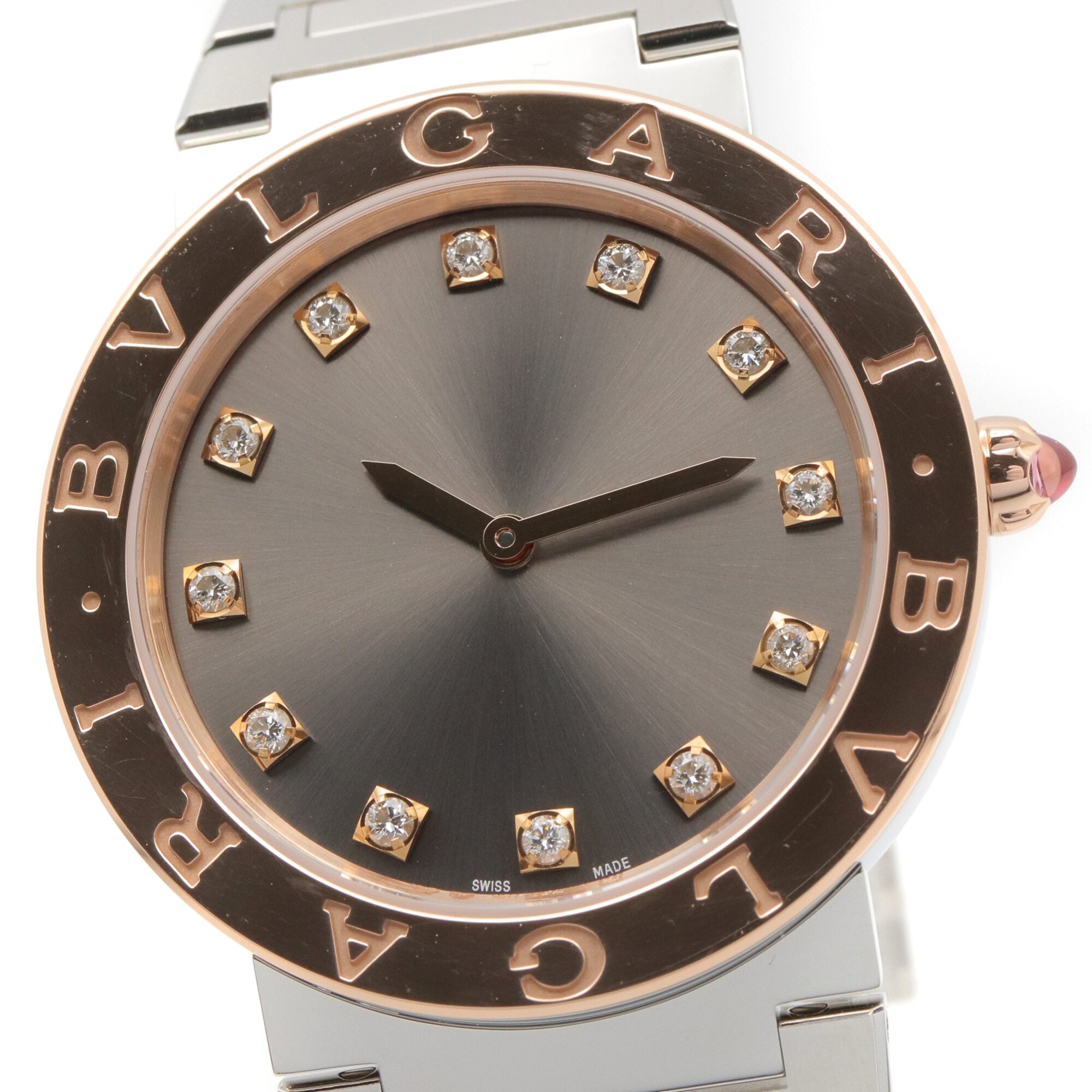 Montre BVLGARI Bulgari à 12 diamants, or Rose 18 carats (PG) et acier inoxydable, pour femme, tons gris, BBP33SG