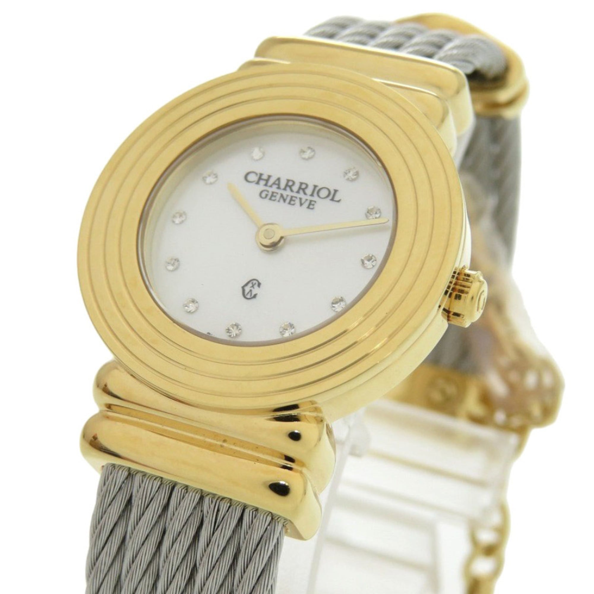 Unused Charriol Saint-Tropez 12-Piece Diamond Stainless Steel Watch with White Shell and Gold Dial, Quartz Movement, 0598 CHARRIOL