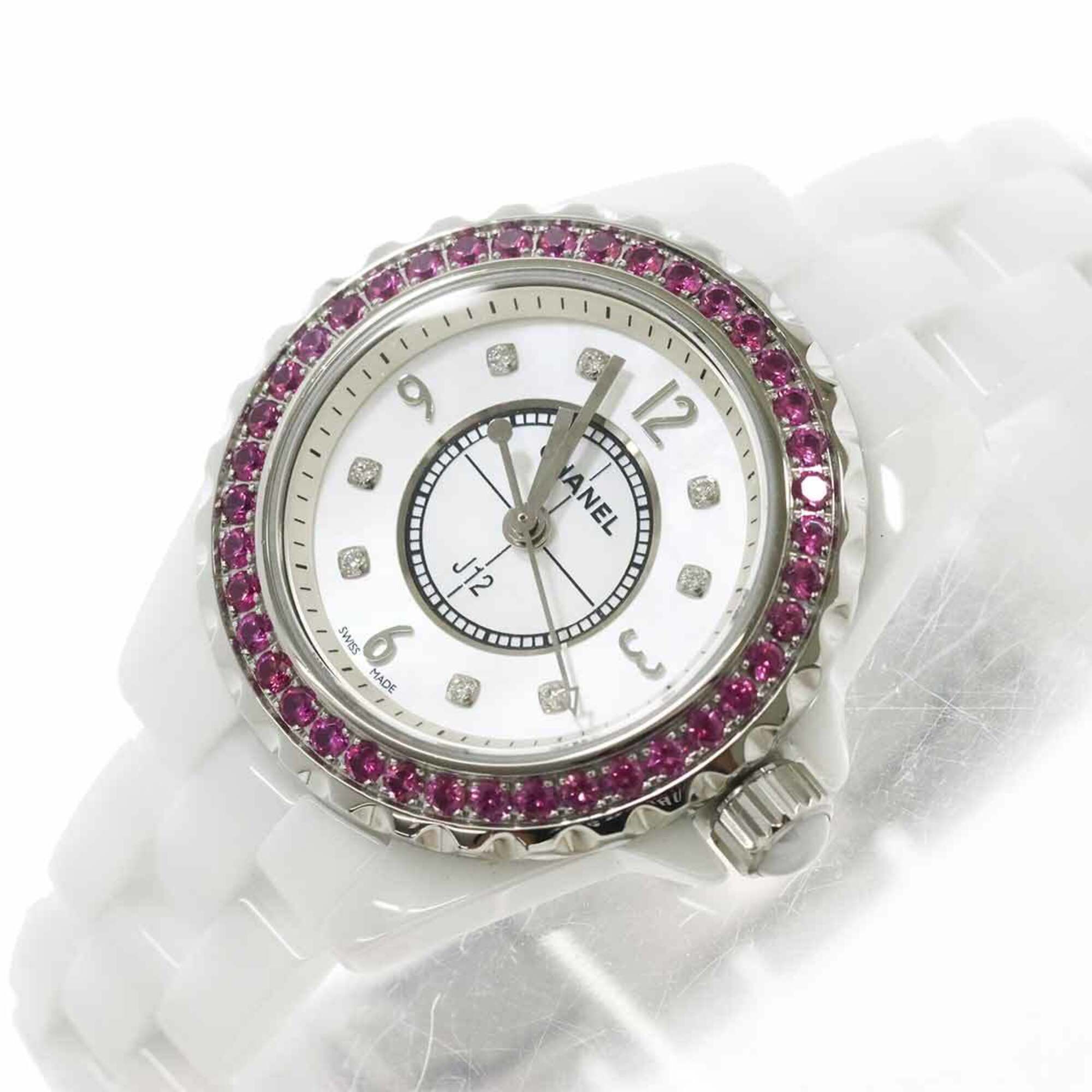 Chanel J12 29mm H3243 Wo Pink Sapphire Bezel 8 Diamonds White Shell Ceramic Quartz