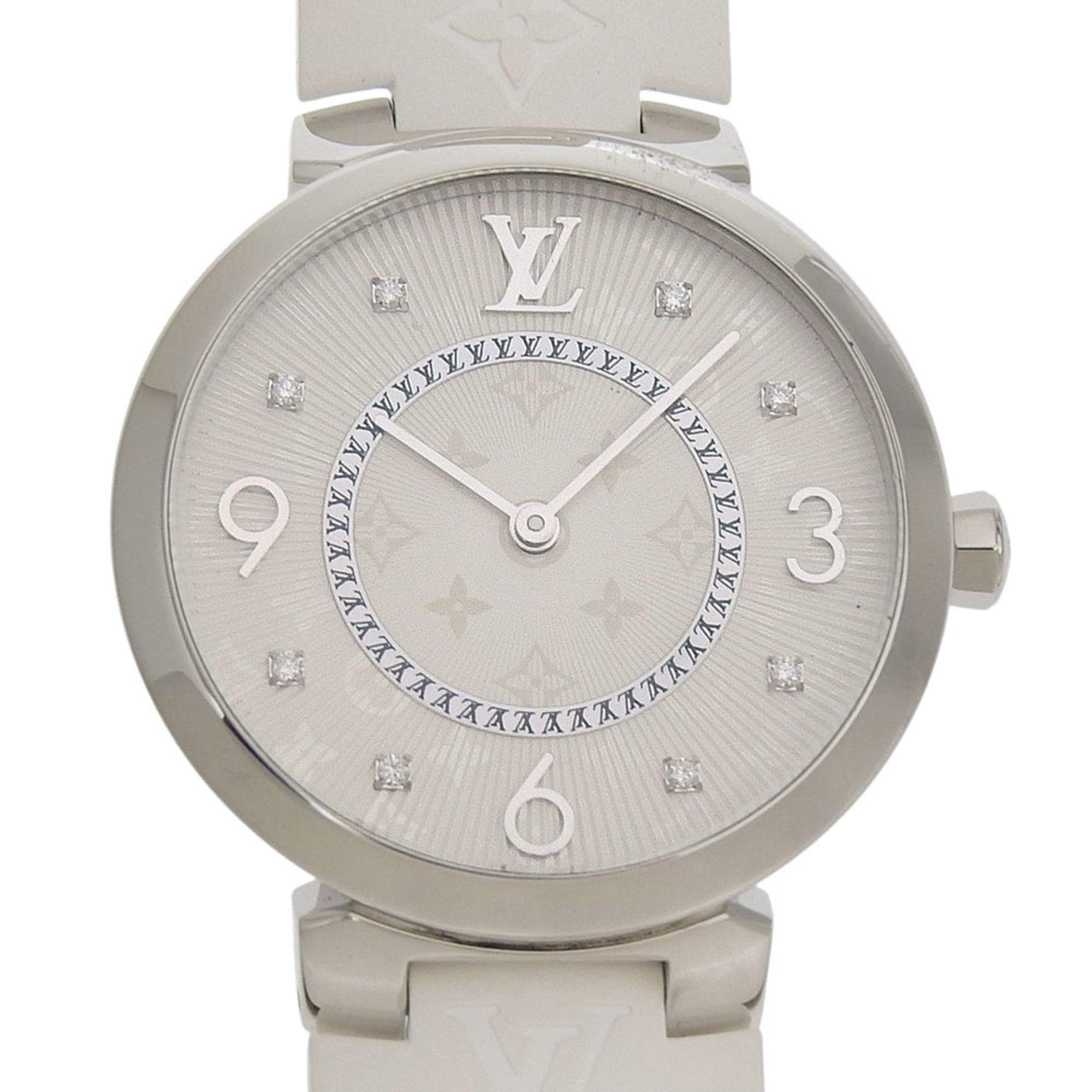 Like new Louis Vuitton Tambour MM Q13MJ white dial watch with 8 diamonds, stainless steel and rubber case, quartz movement, 33mm