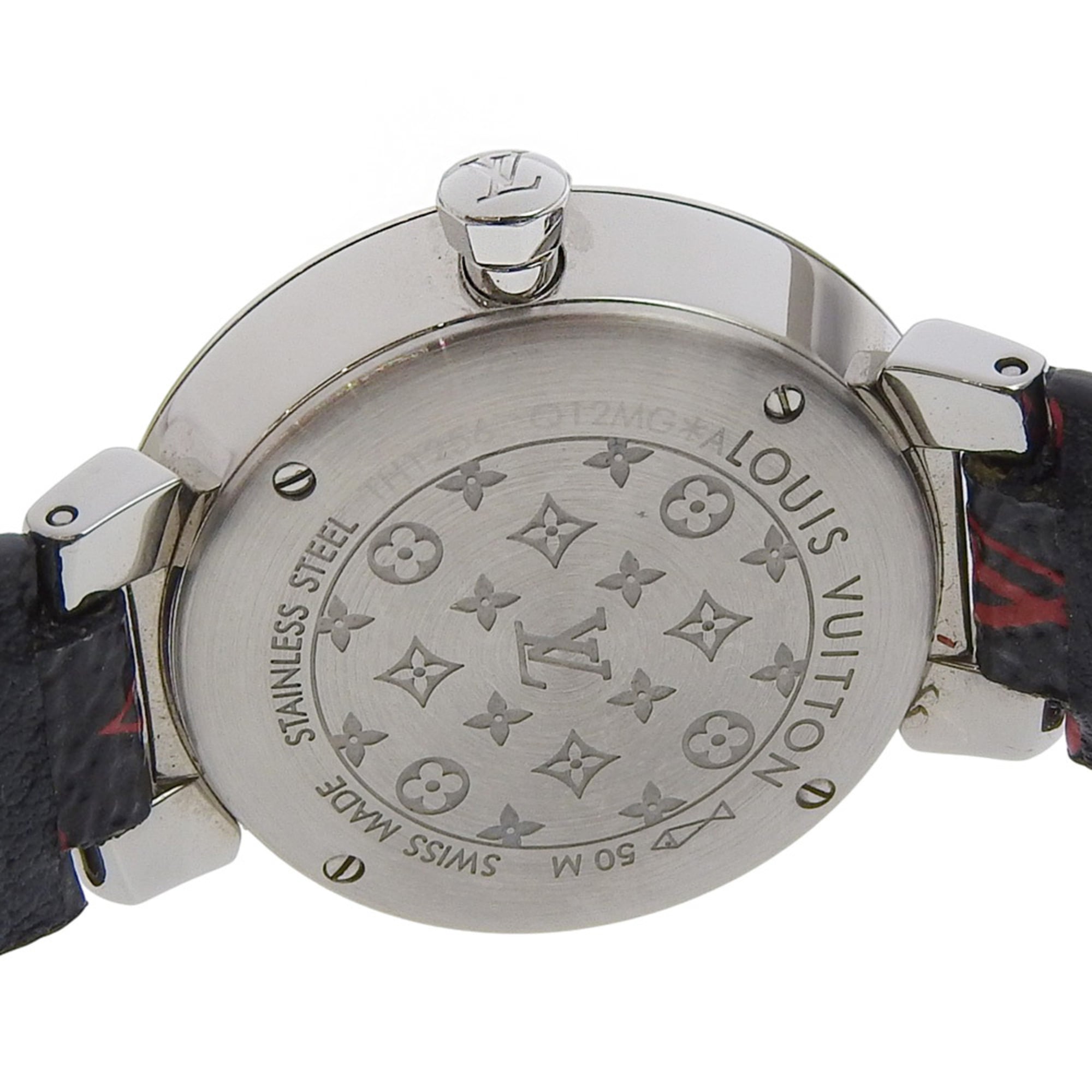 Louis Vuitton Tambour Slim-horloge, 8 diamanten, Q12MGA, roestvrij staal en leer, quartz uurwerk, analoge wijzerplaat, zilveren wijzerplaat, damesmodel