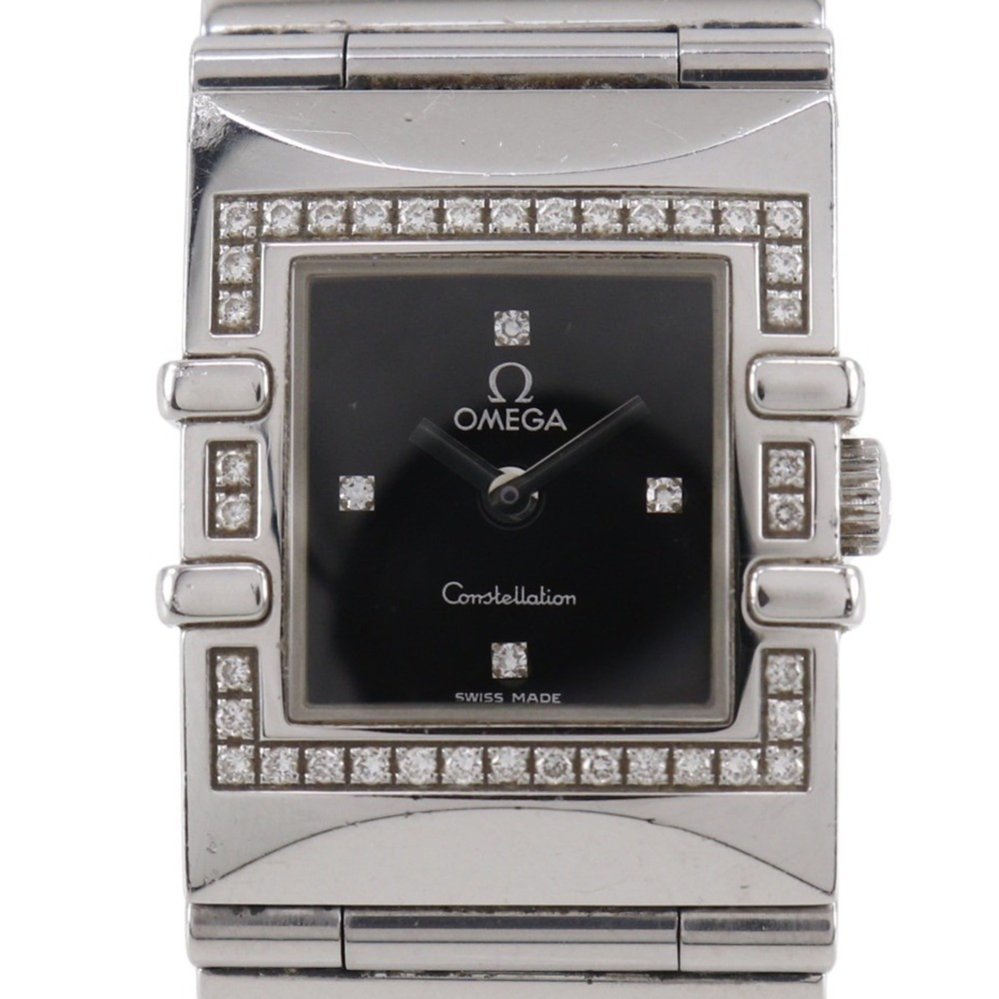 OMEGA Constellation Carree Watch, cal. 1376 1528.46, stainless steel with diamonds, 1998, quartz movement, analog display, black dial, women's.