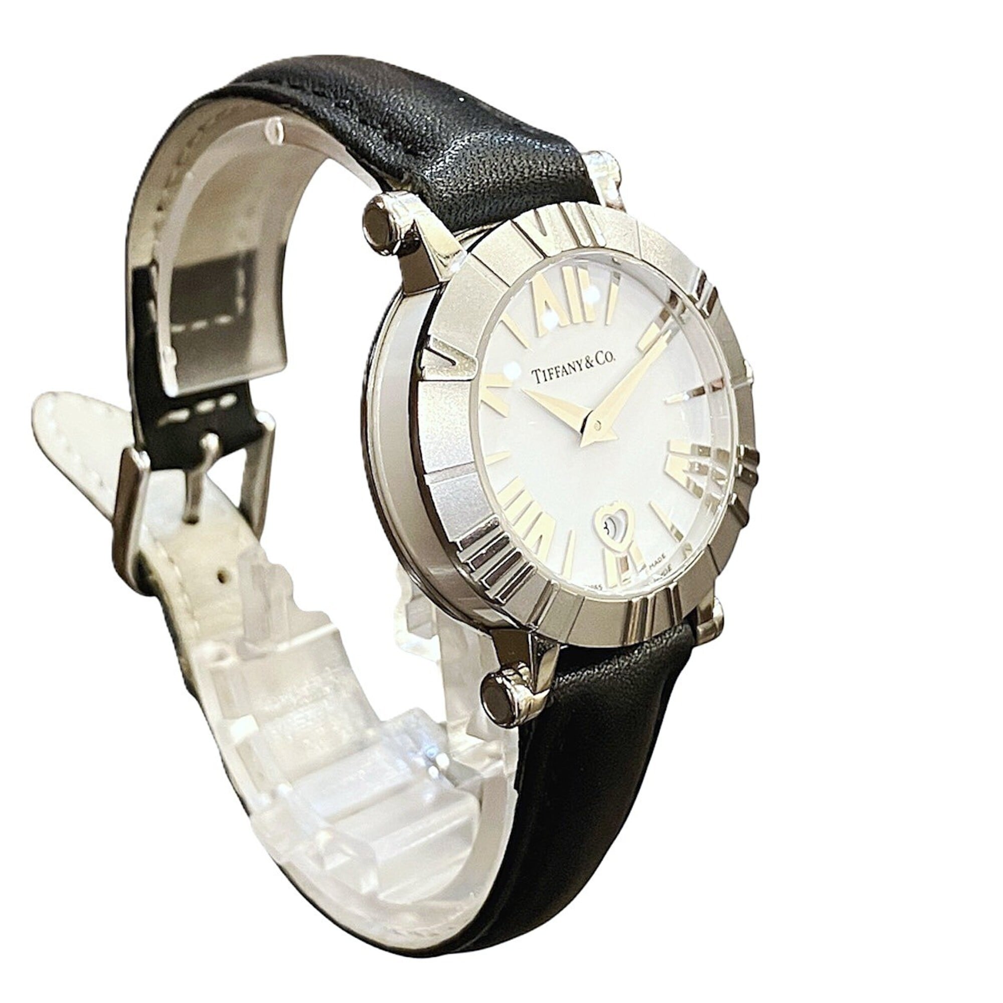 Tiffany & Co. Atlas watch, total weight 36.4g, stainless steel, genuine leather strap, quartz movement, white dial, Z1300.11.11A20