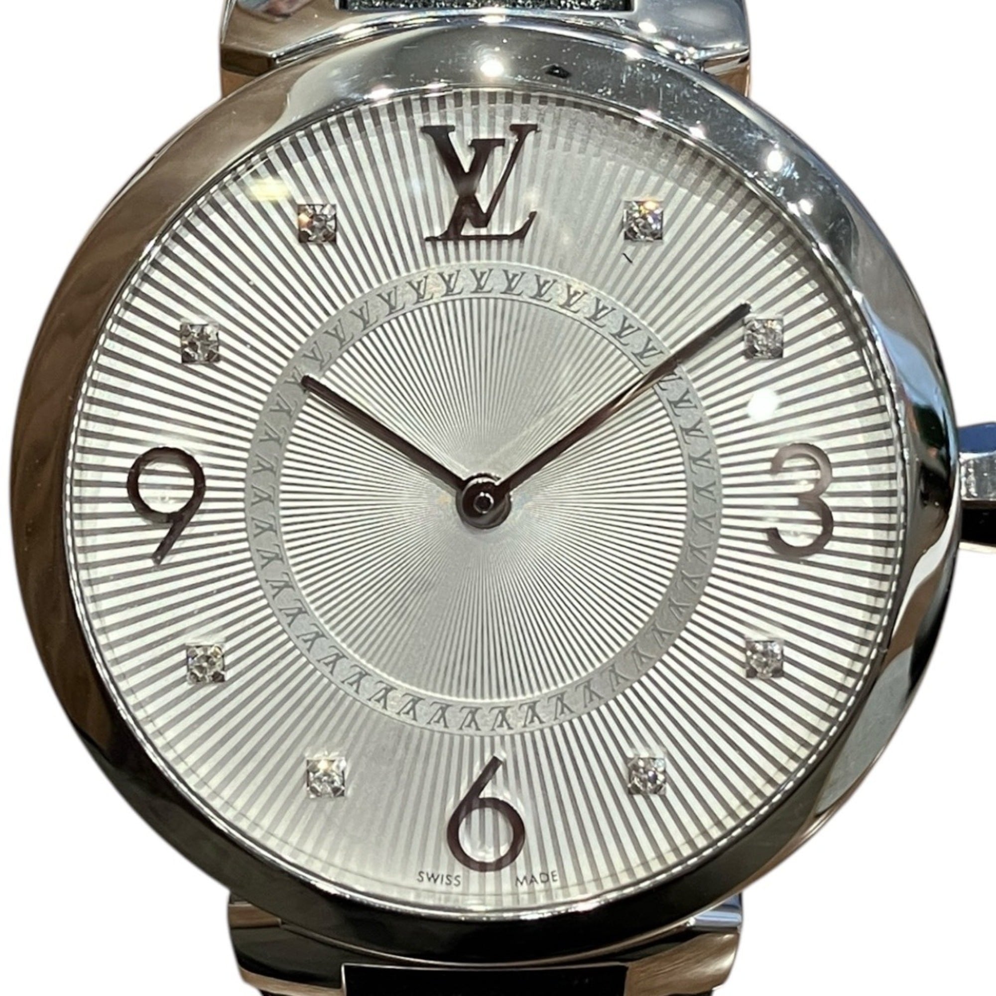 Louis Vuitton Tambour-horloge, totaalgewicht 48 g, roestvrij staal, band van echt leer, quartz uurwerk, zilveren wijzerplaat, Q13MJ