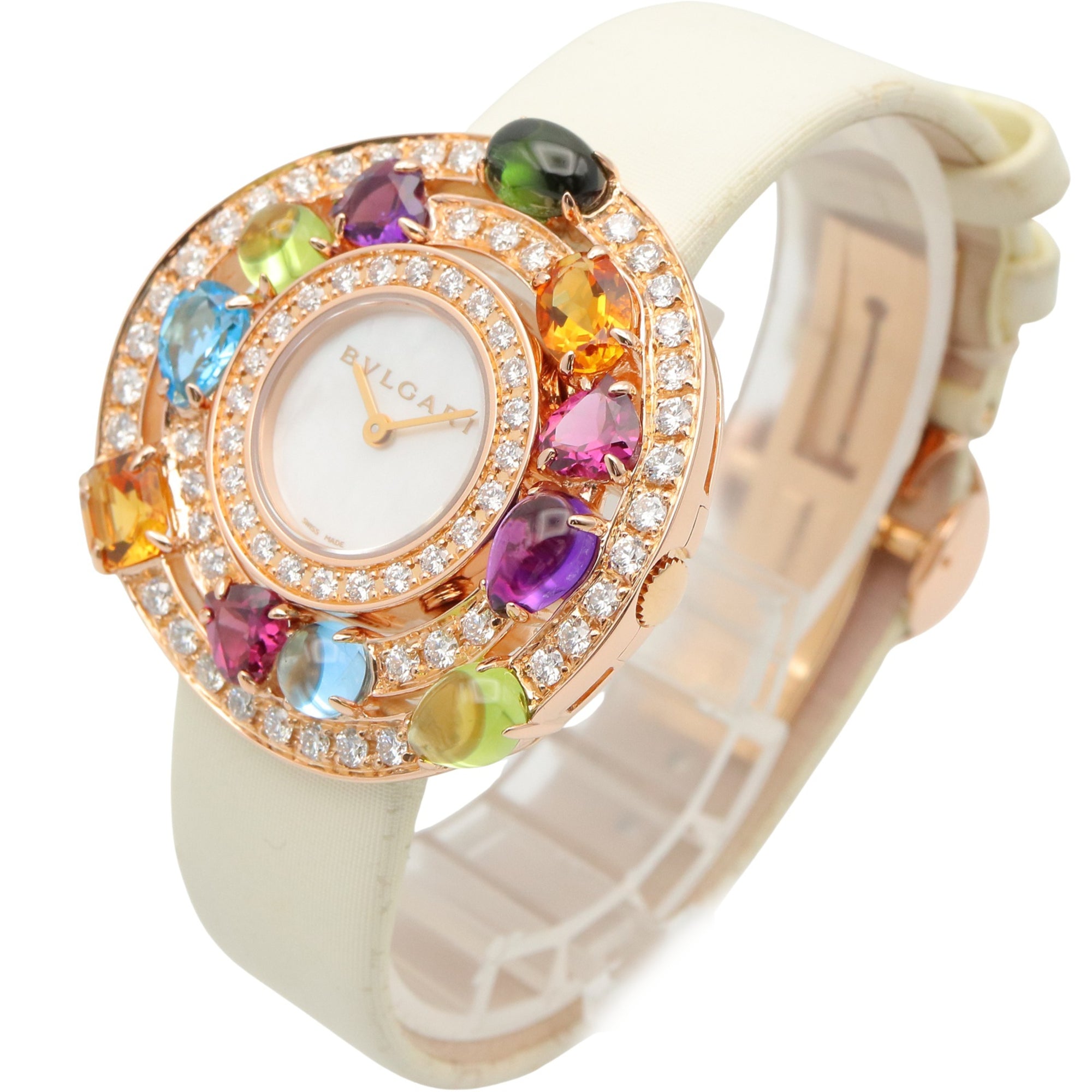 Bulgari BVLGARI Astrale Cerchi Diamond & Colored Stone Watch, 18K Pink Gold (PG), Diamond, Leather Strap, Women's, White, White Shell, AEP36G
