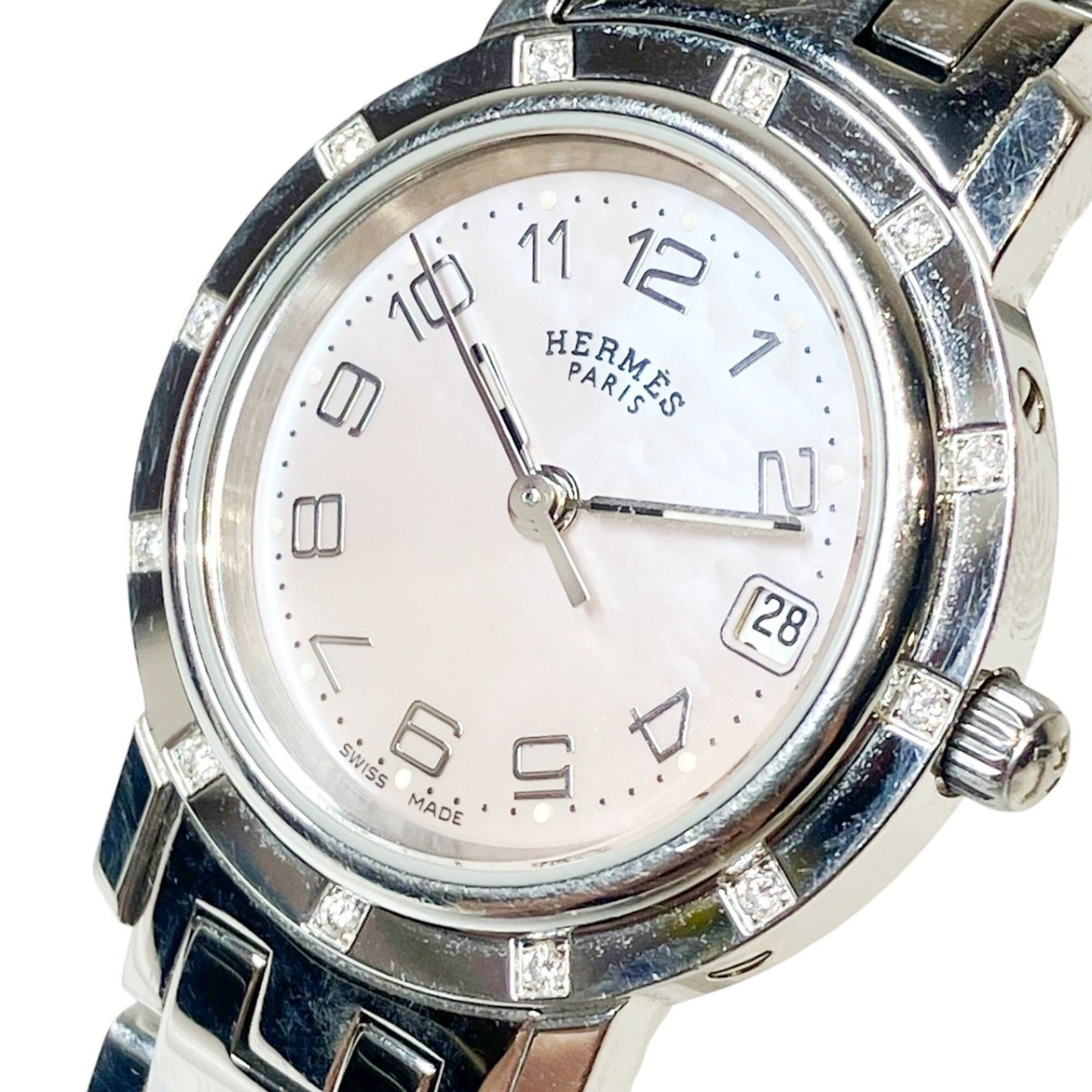 Hermes Clipper Nacre watch, total weight 42.8g, stainless steel, quartz movement, pink mother-of-pearl dial, CL4.230