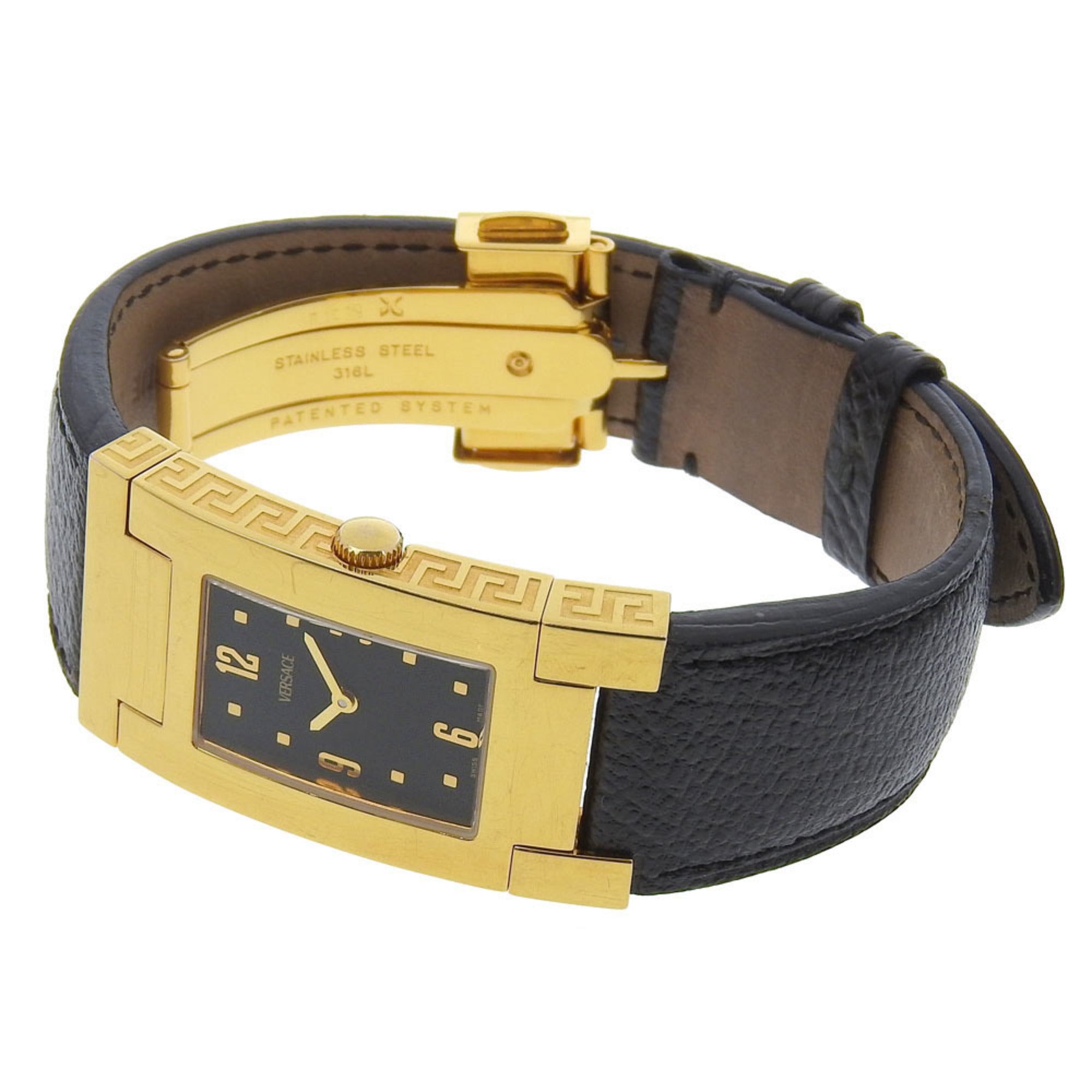 Versace VERSACE ALQ90 Rectangular Black Dial GP/Leather Quartz Watch Battery Women's