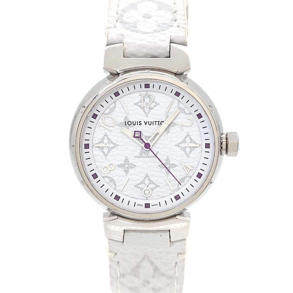 Louis Vuitton Tambour MM Monogram wit QA116 horloge met witte wijzerplaat, 34 mm
