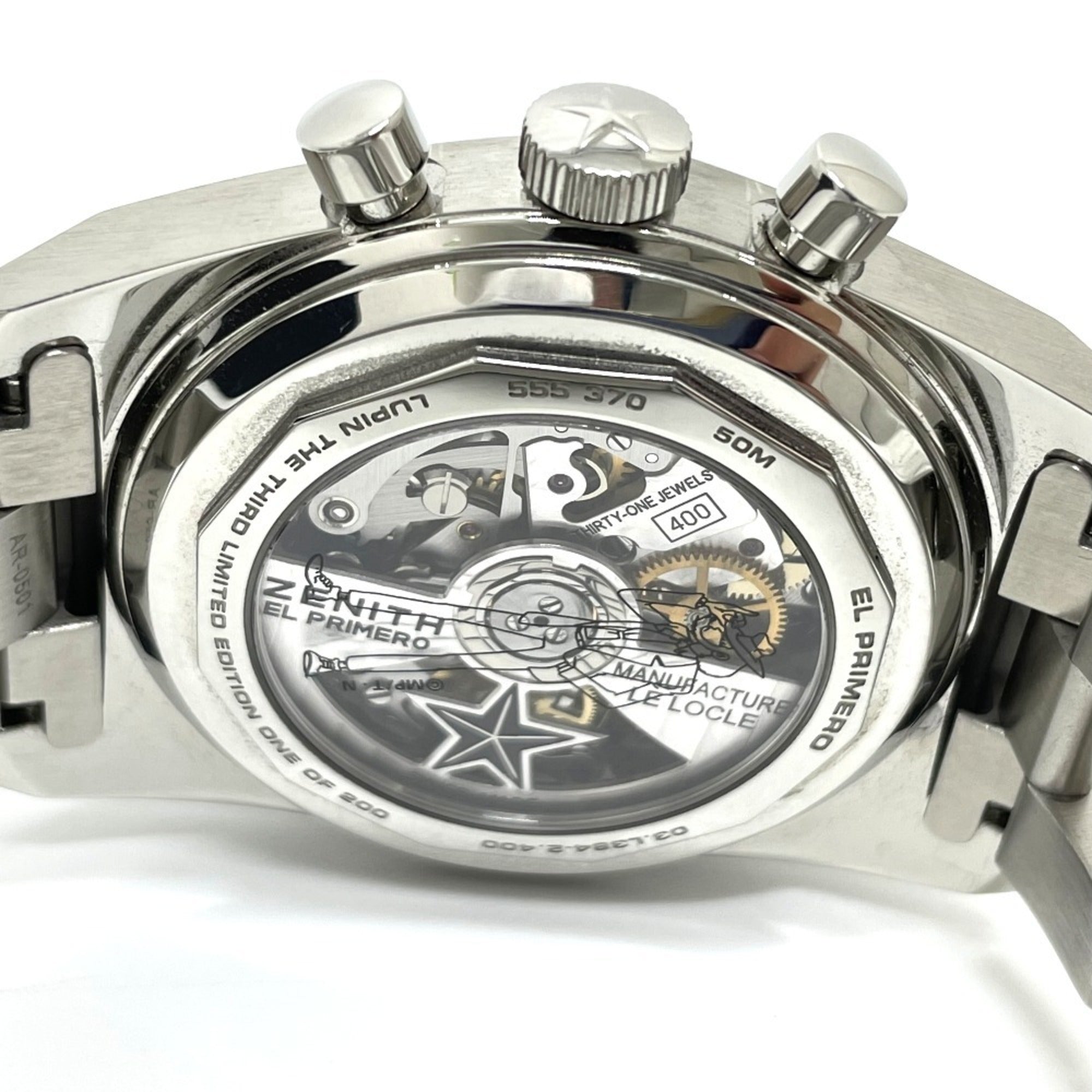 ZENITH 3.L384.400 Lupin the Third, 2. Auflage, limitierte Auflage von 200 Stück in Japan, Revival A384 Chronomaster, Herrenuhr aus Edelstahl, Silber