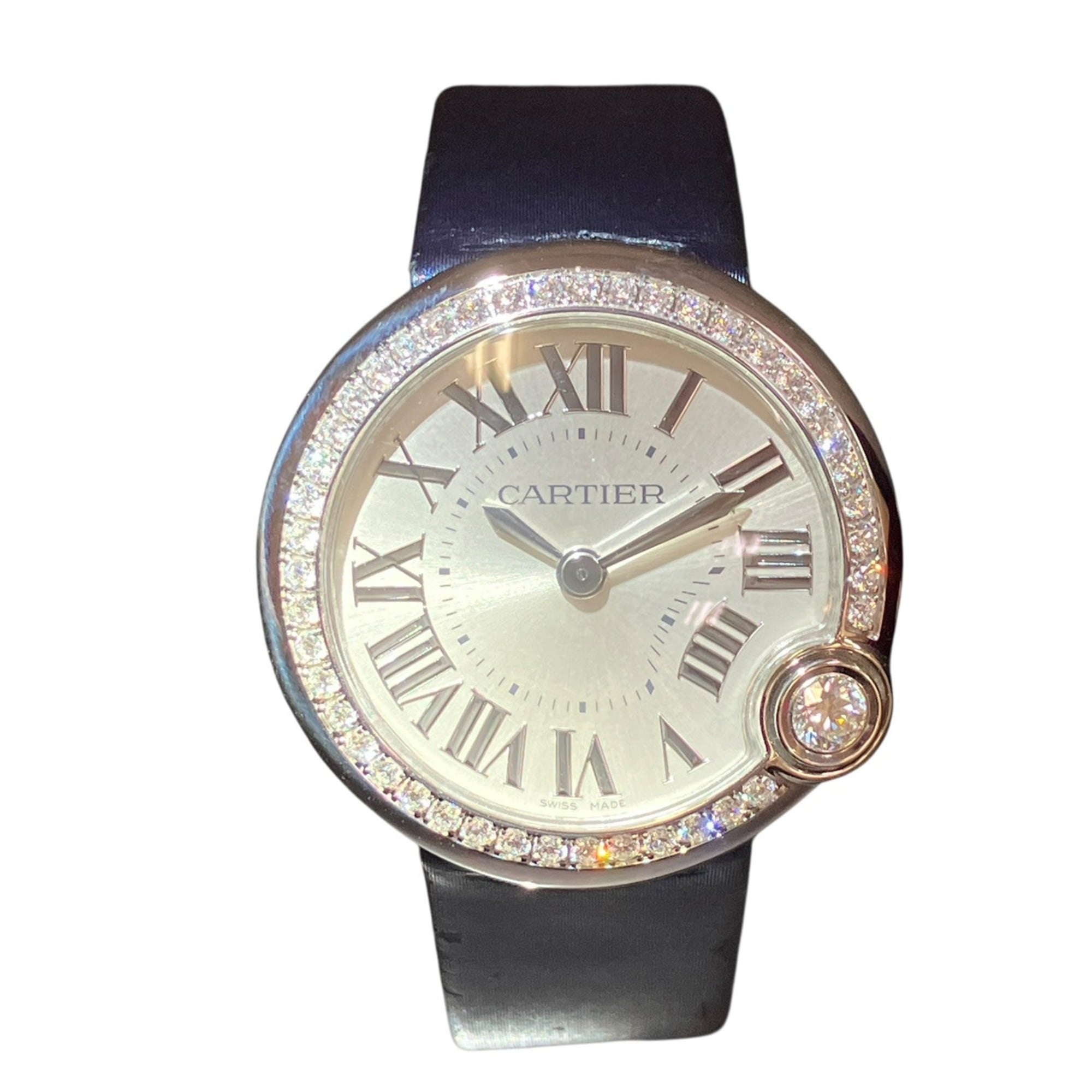Cartier Ballon Bleu de watch, total weight 27.7g, stainless steel, genuine leather strap, diamonds, quartz movement, silver dial, W4BL0002