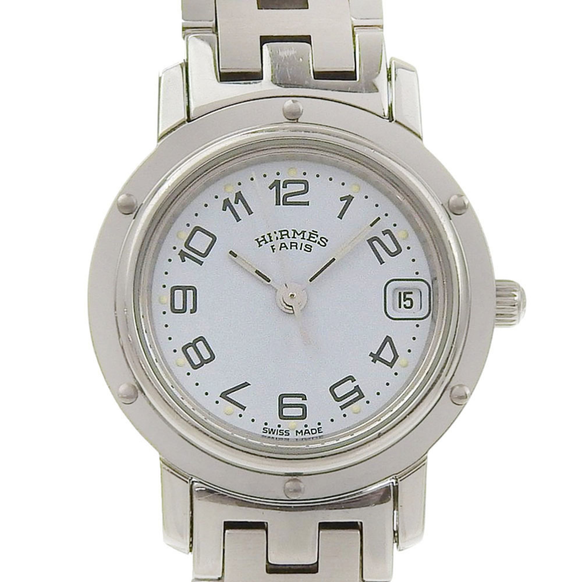 Hermes Clipper Date CL4 210, light blue dial, stainless steel, quartz movement, approximately 24mm, women's watch.