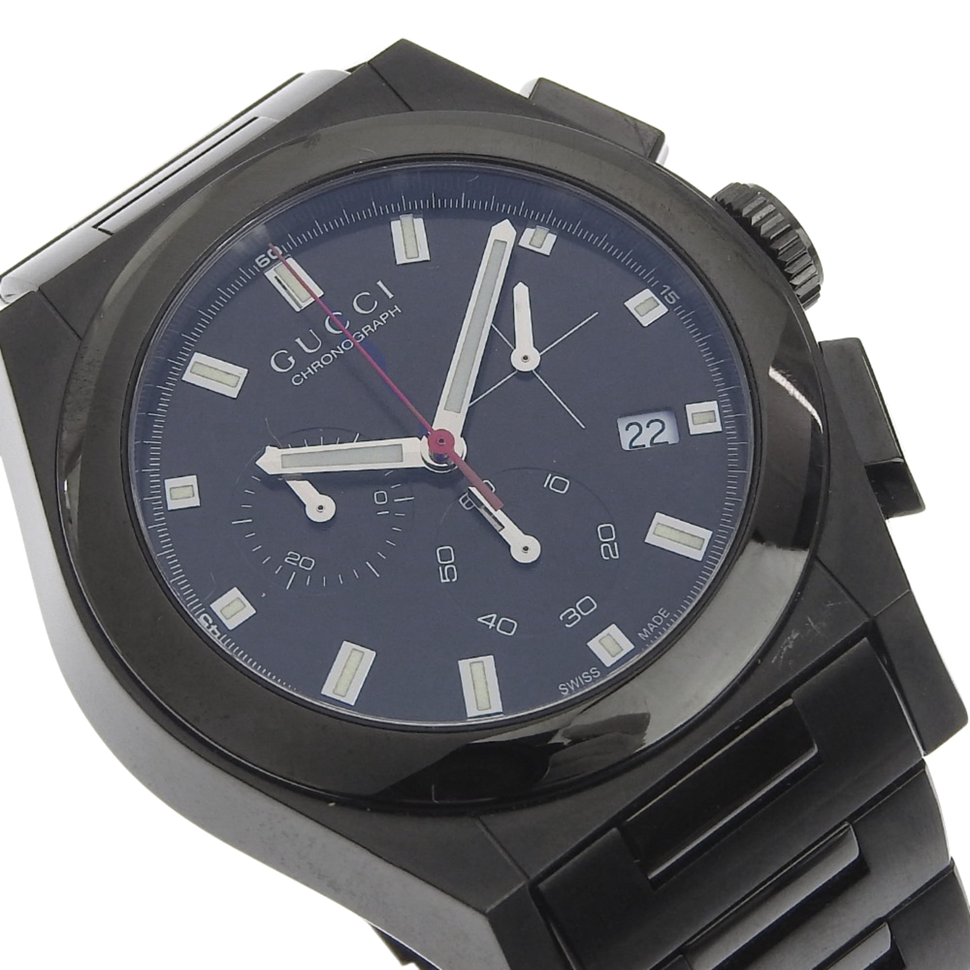 Gucci Pantheon herenhorloge, 115.2 roestvrij staal, zwarte quartz-chronograaf, wijzerplaat