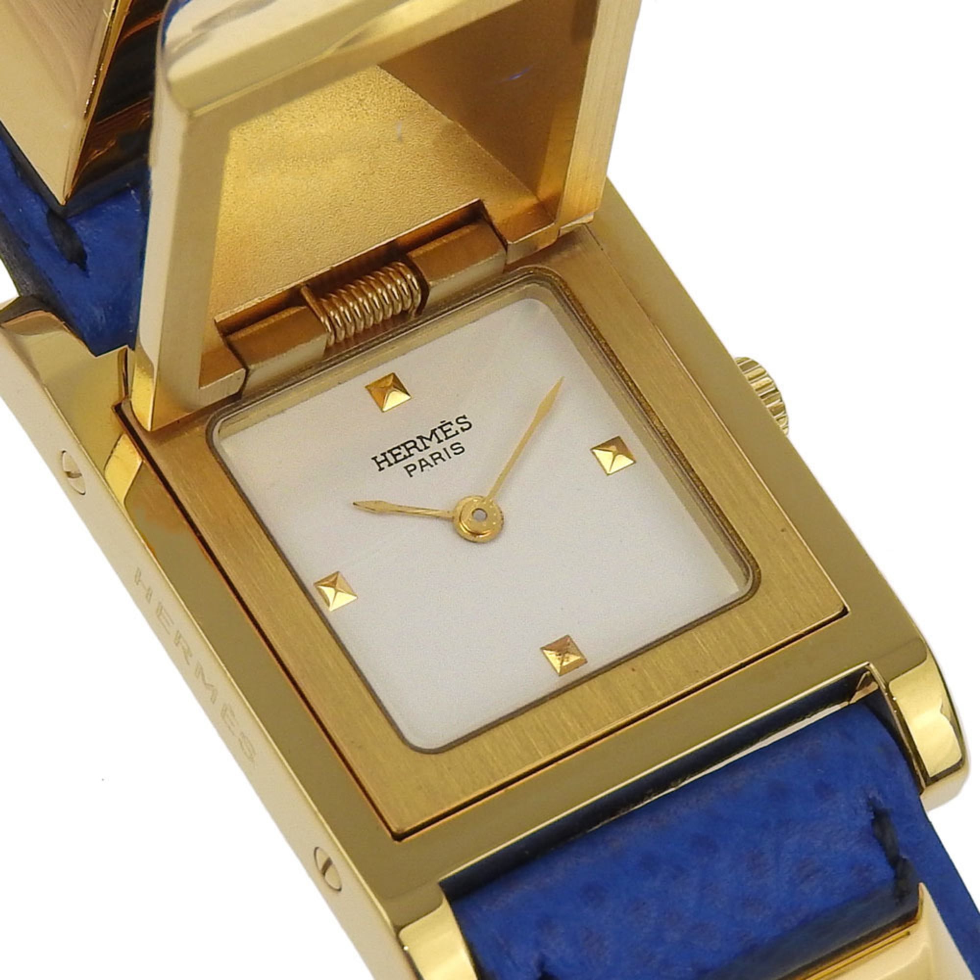 Hermes HERMES Medor-horloge, verguld x leer met reliëf, 1994, kwarts, analoog display, witte wijzerplaat, dames