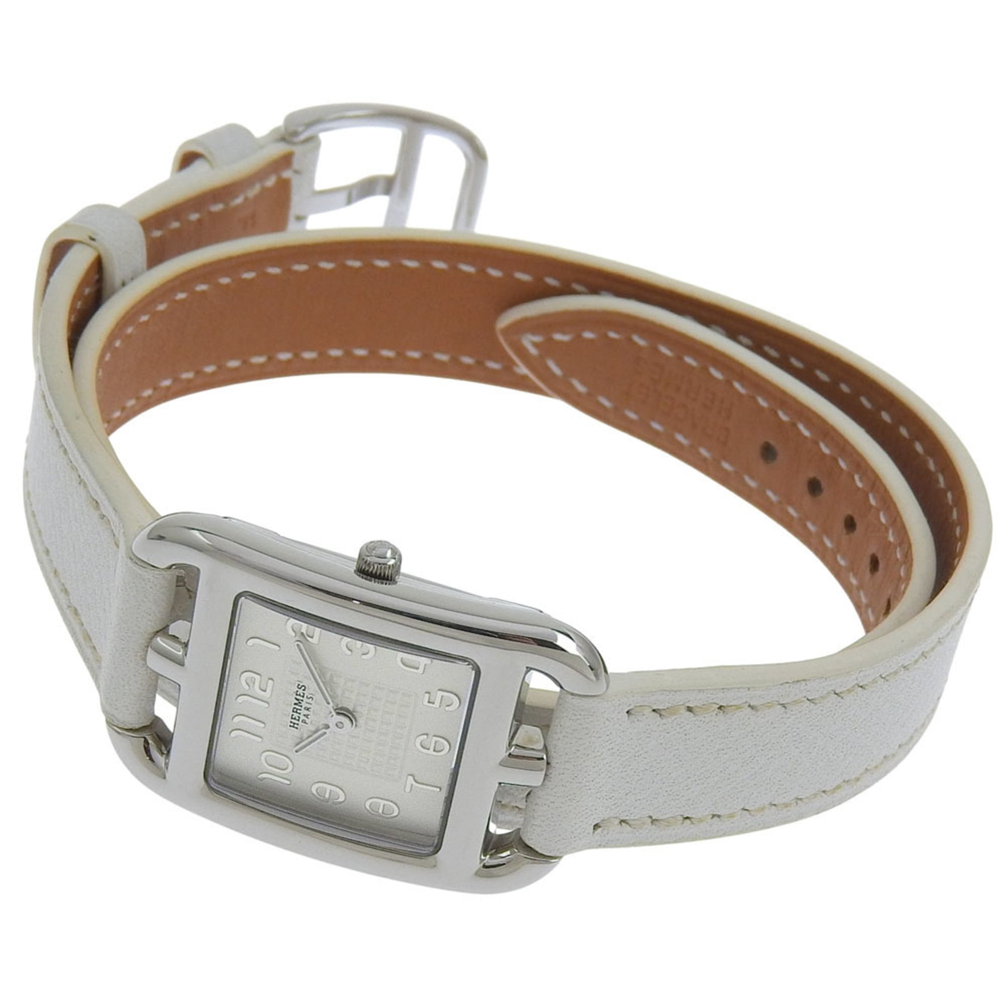 Like new Hermès Cape Cod CC1 210, □R stamped, white dial, stainless steel/leather, 33mm x 23mm, quartz movement, women's watch