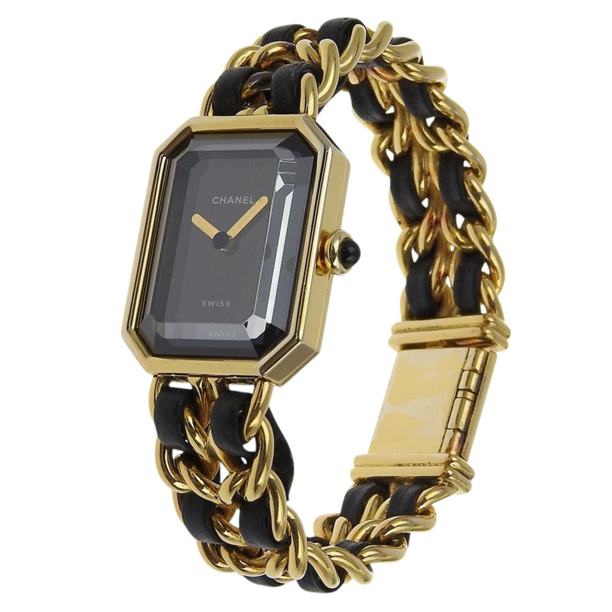 CHANEL Premiere S Watch H0001, Gold-Plated Leather Quartz Movement, Analog Display, Black Dial, Women's