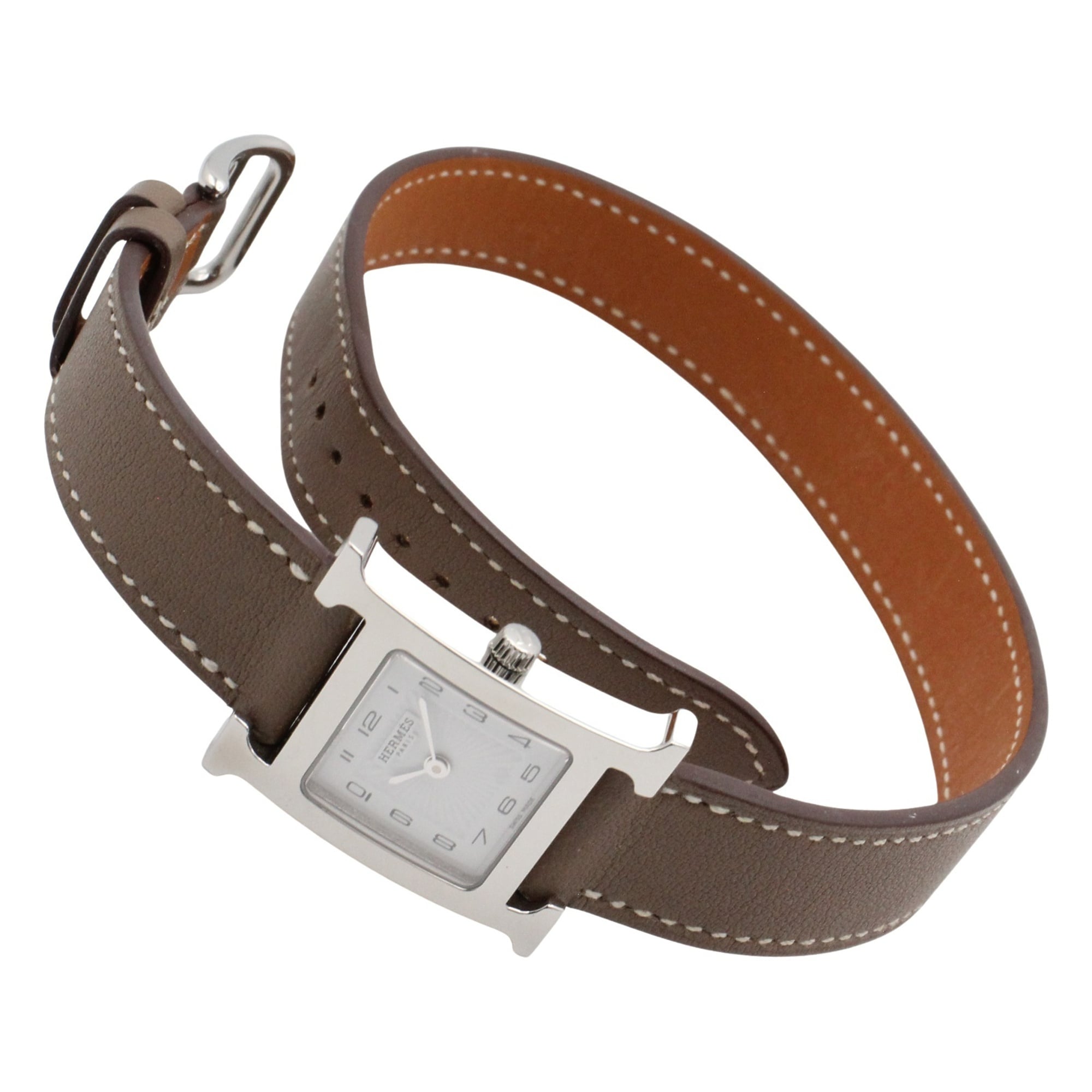 Hermes H- Double Tour Wrist Stainless Steel Leather Strap Wo White (HH1.210)