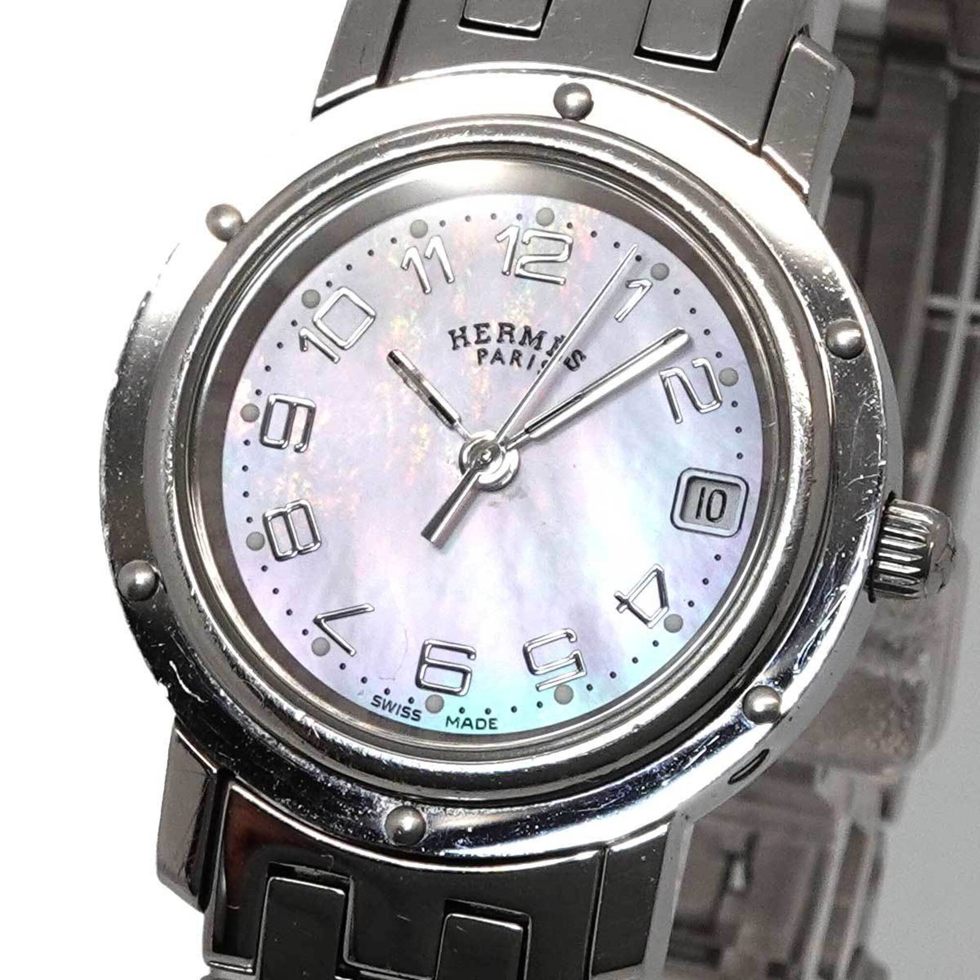 Hermes Clipper Nacre CL4 210 Wo Date Display Pink Shell Quartz