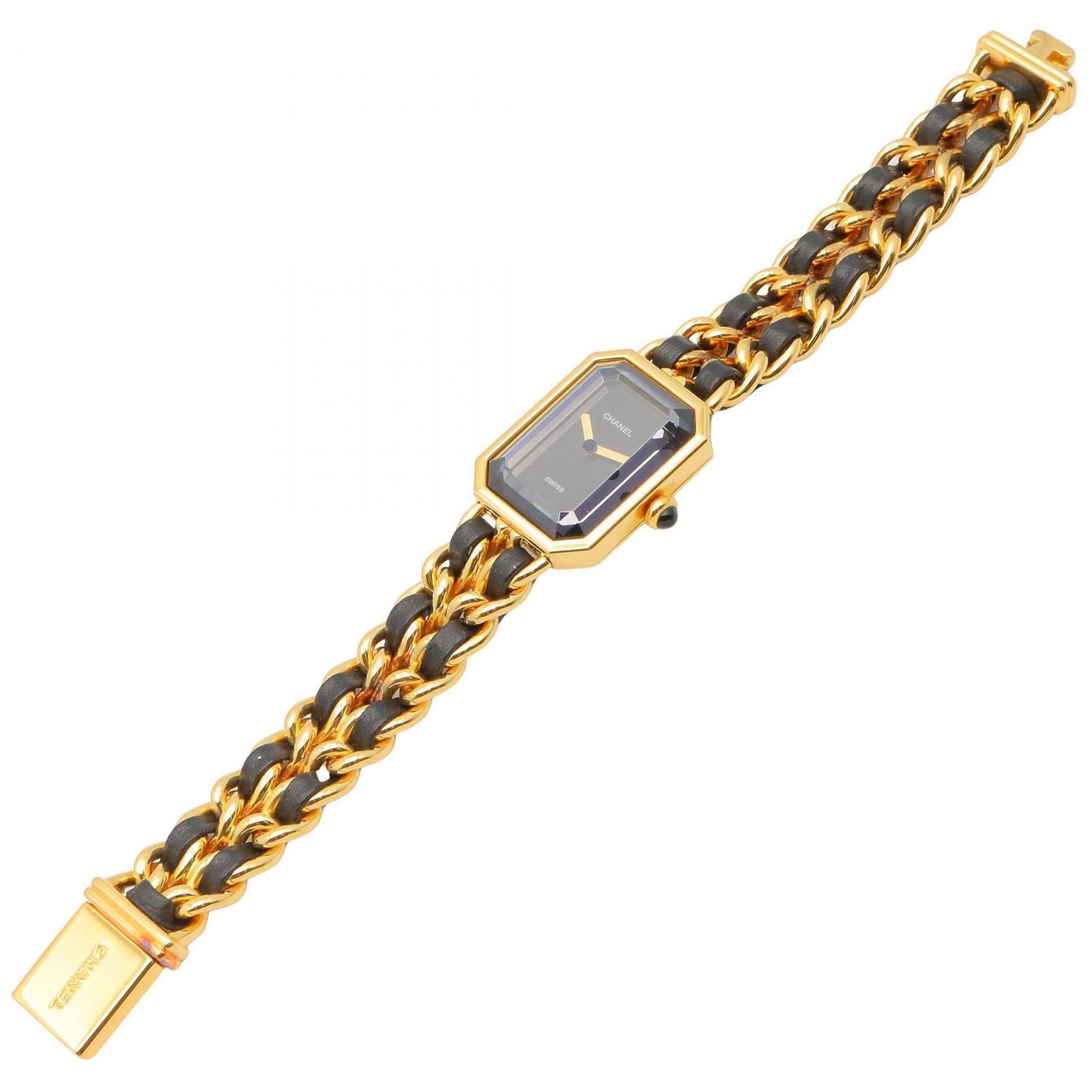 CHANEL Premiere M-horloge, verguld, met leren band, zwart, dames, H0001