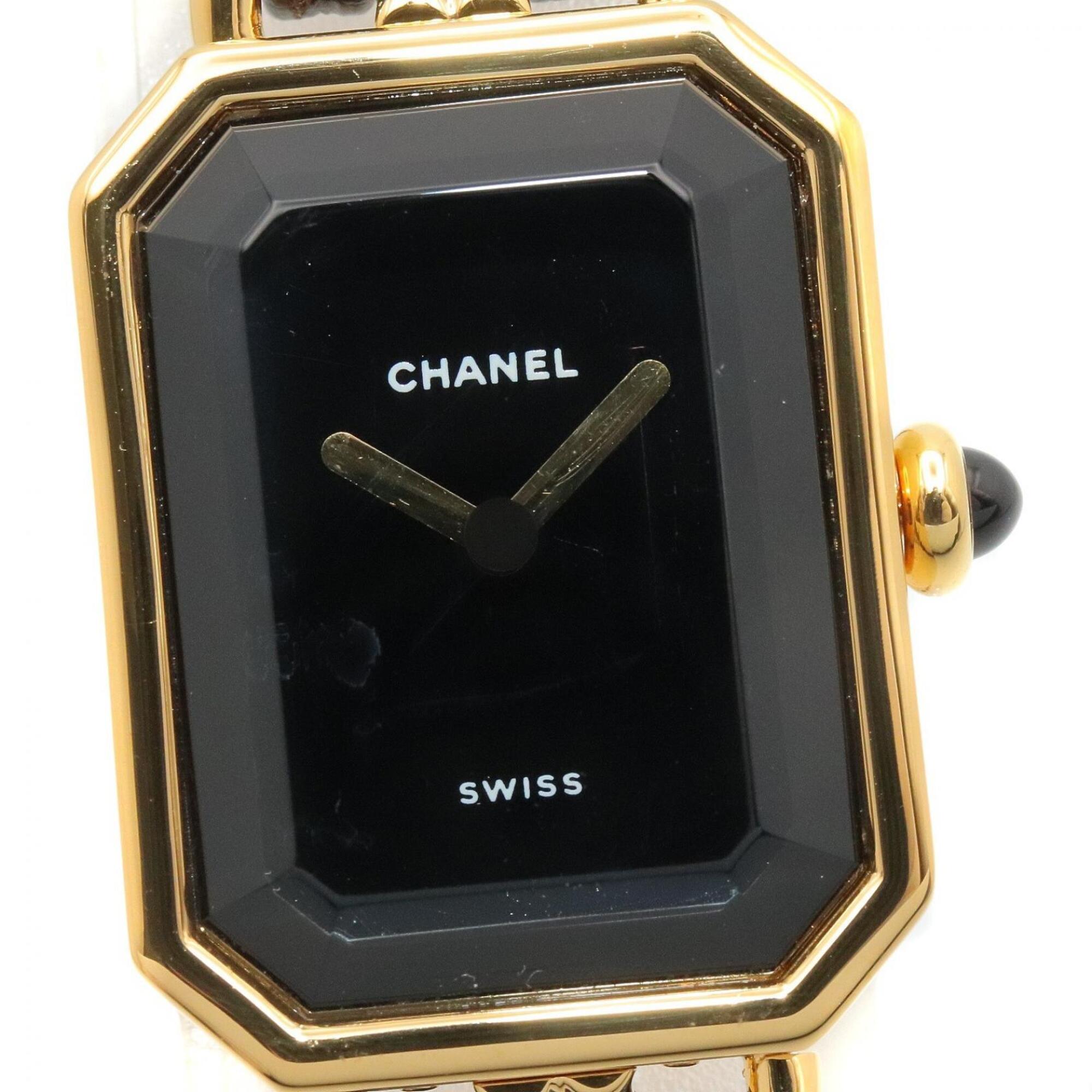 Montre Chanel CHANEL Première S, plaquée or (GP), bracelet en cuir, pour femme, Noir, H0001