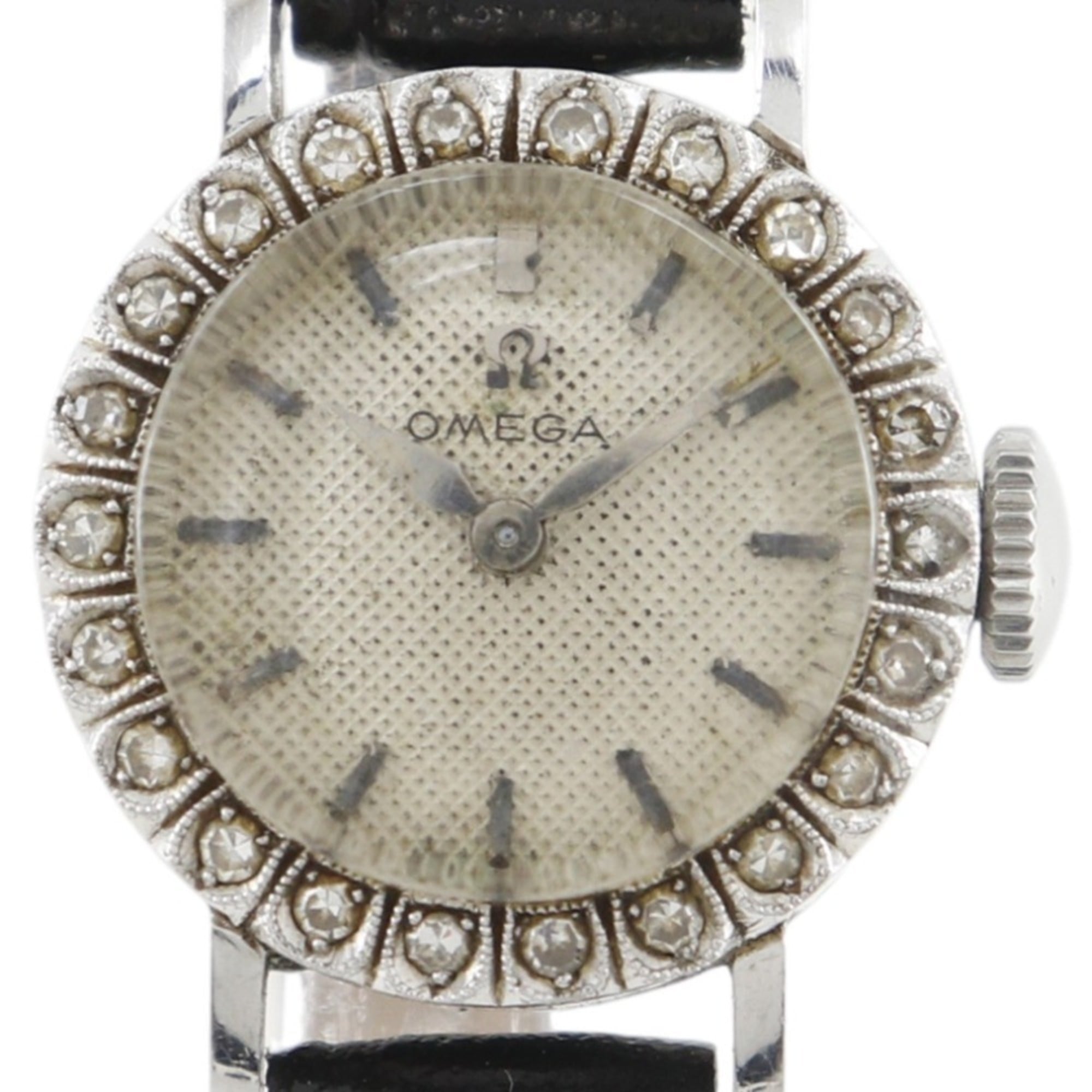 OMEGA Antique Watch, Cal. 481, Platinum, Diamond, Embossed Leather, Manual Winding, Analog Display, White Dial, Women's
