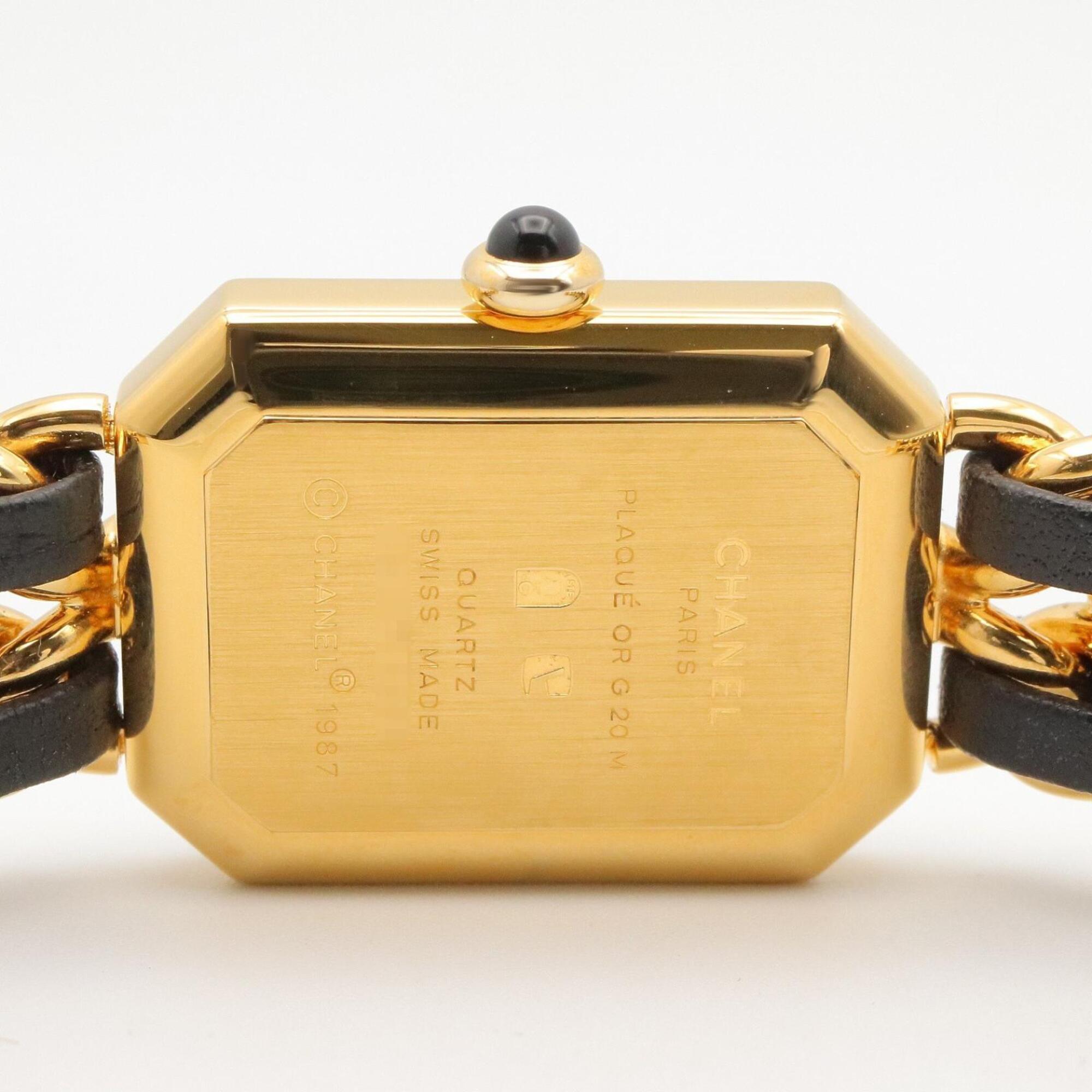Montre-bracelet Chanel CHANEL Première M, plaquée or (GP), bracelet en cuir, pour femme, Noir, H0001