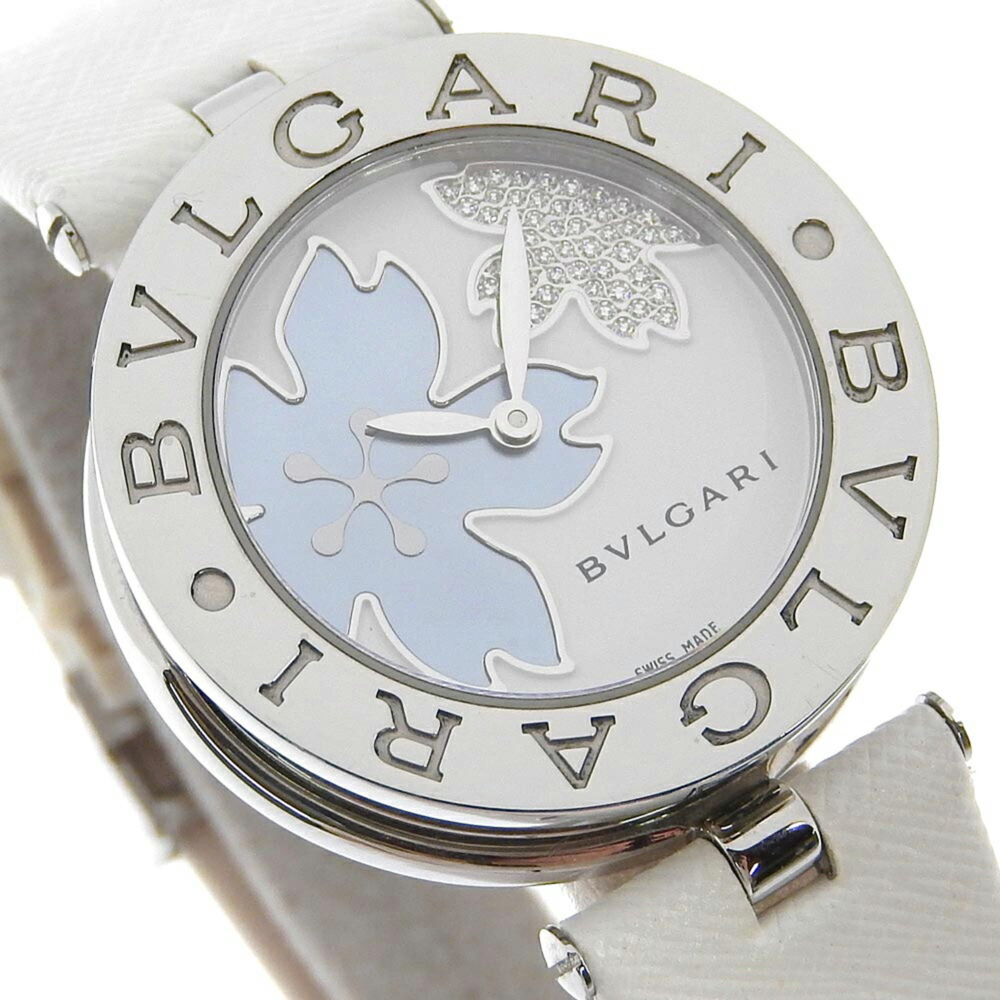 BVLGARI B-zero1 Uhr BZ30FDSL Edelstahl x Leder „Flower“Quarz analoges ZifferblattWeiß Muschelzifferblatt, Damenuhr