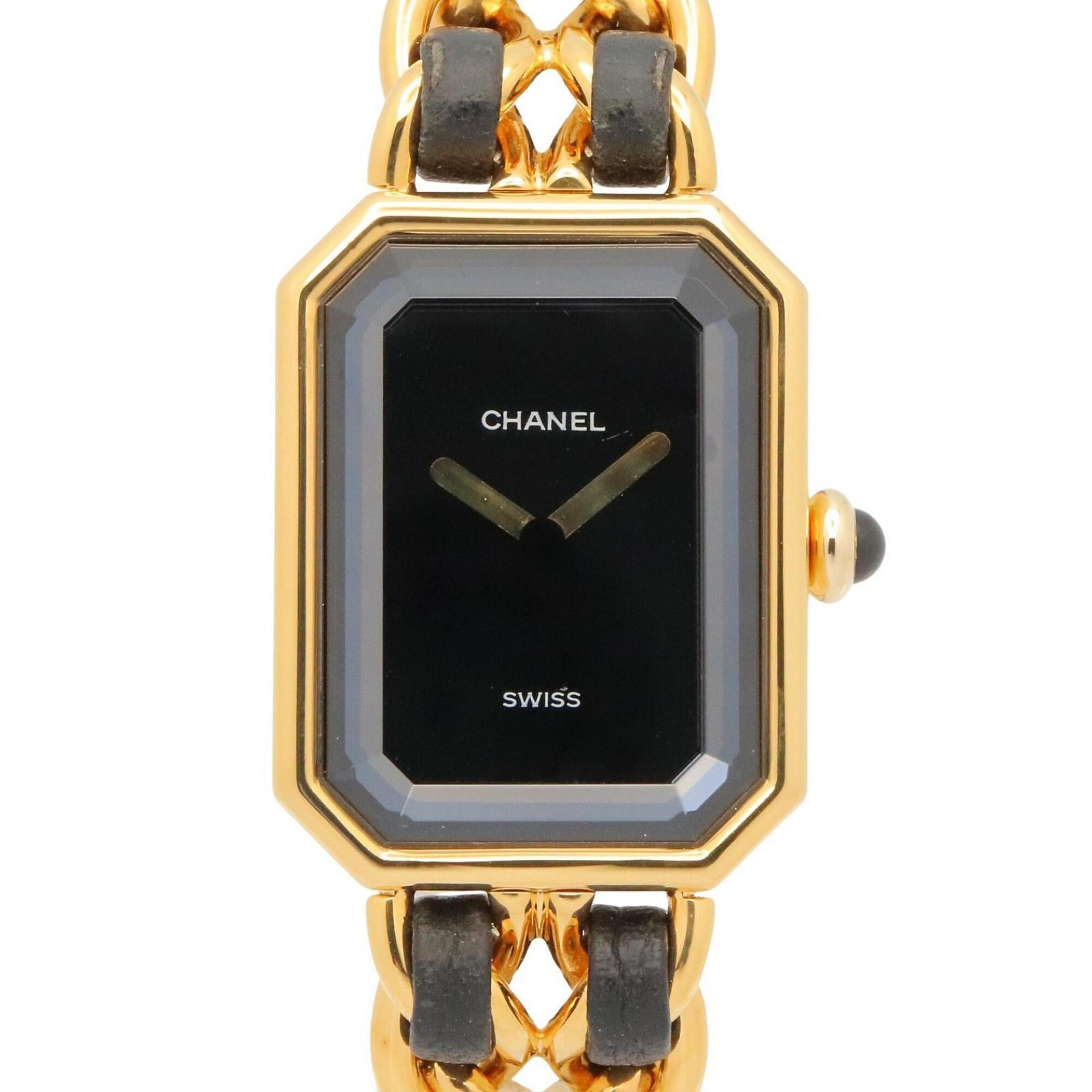 Chanel CHANEL Première M Wristwatch, Gold Plated (GP), Leather Strap, Women's, Black, H0001
