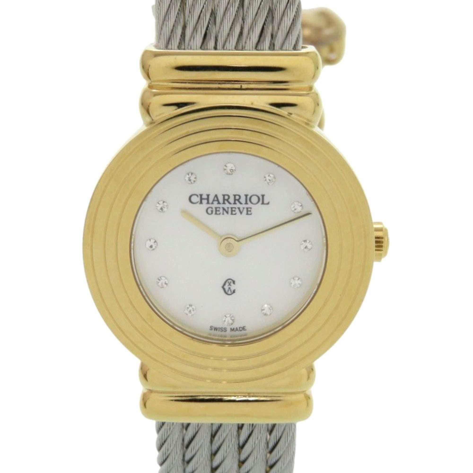Unused Charriol Saint-Tropez 12-Piece Diamond Stainless Steel Watch with White Shell and Gold Dial, Quartz Movement, 0598 CHARRIOL