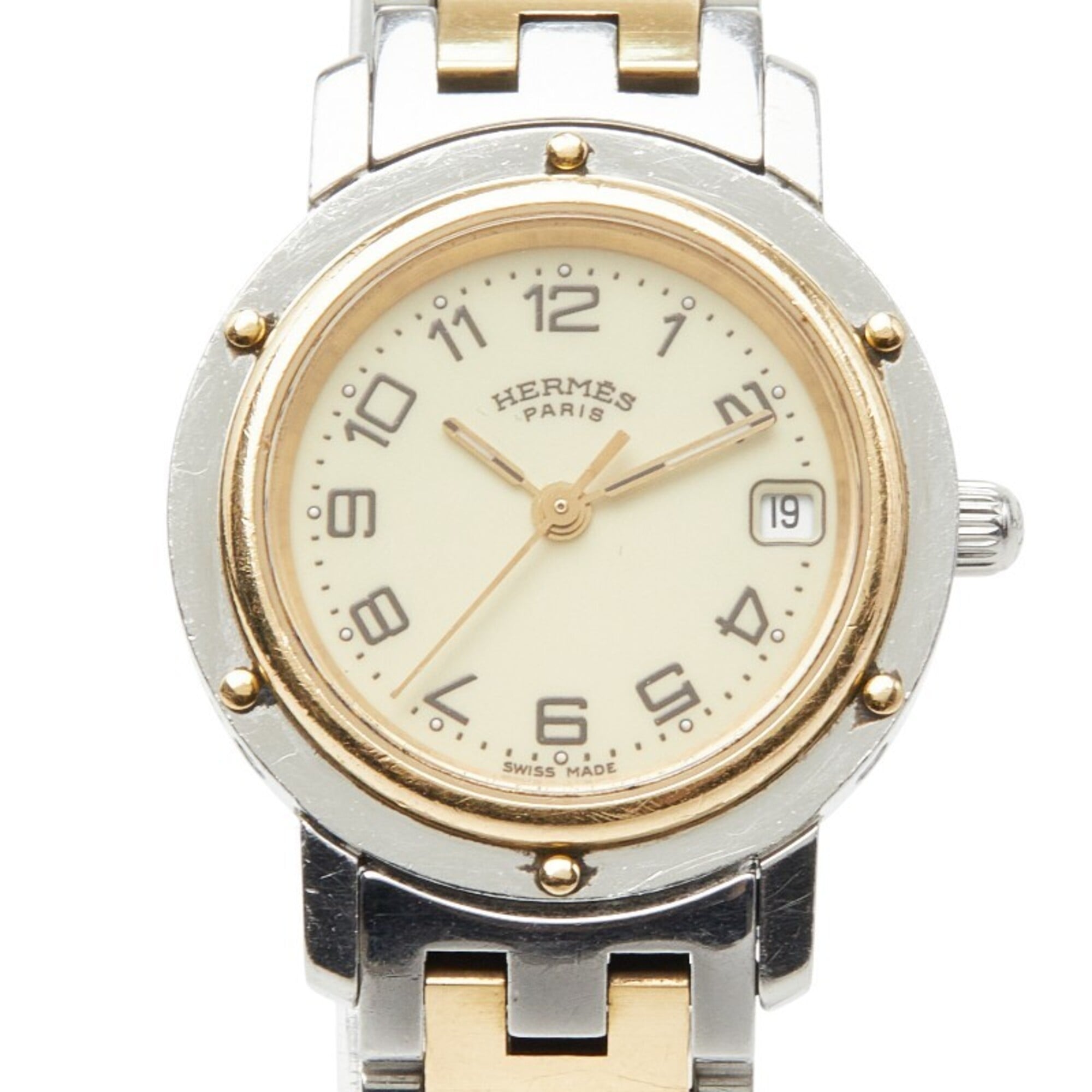 Hermes Clipper Combination Ivory Watch CL4.220 Quartz Beige Dial Stainless Steel Plated Women's HERMES