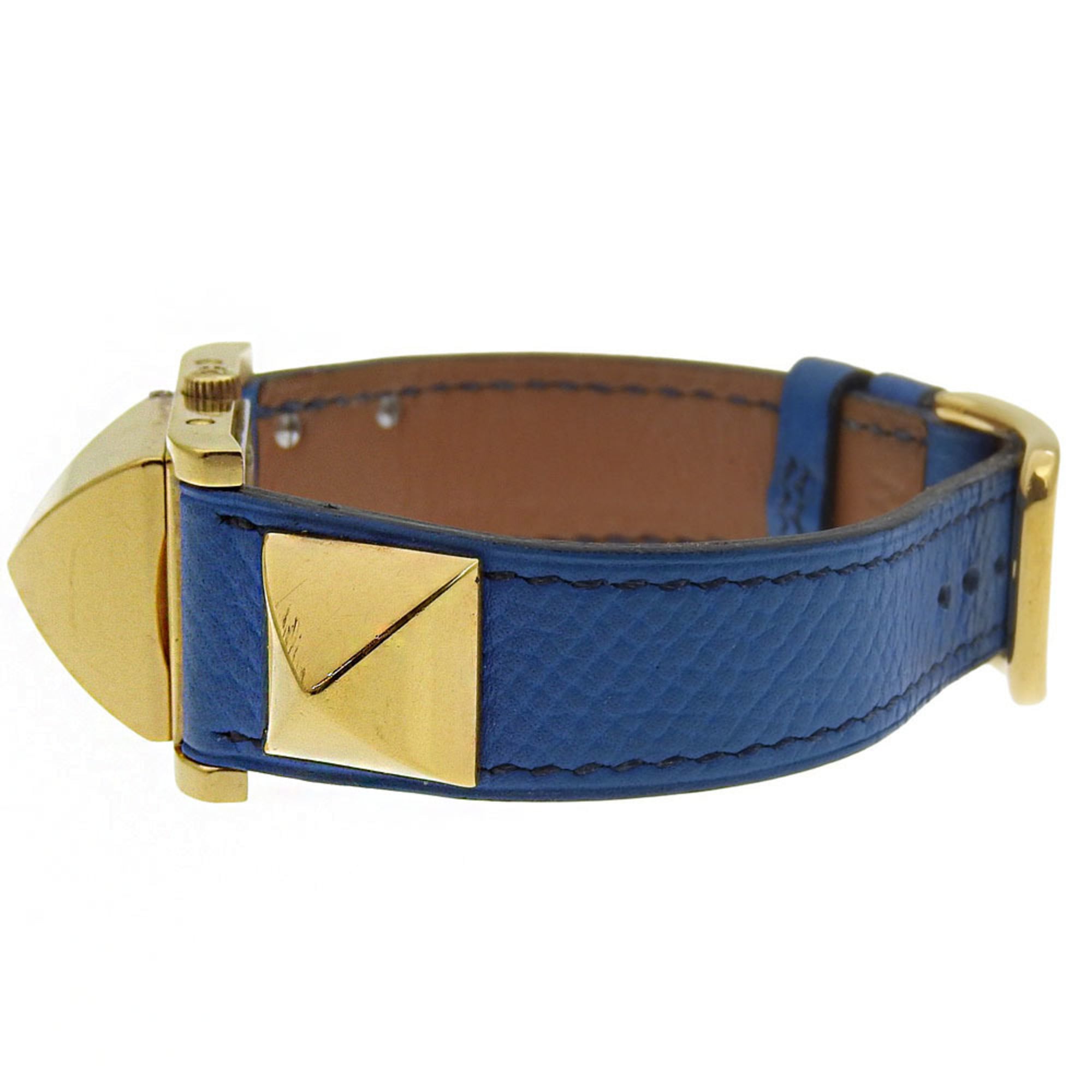 Montre Pour Hommes Hermès Medor, cuir plaqué or, mouvement Quartz, affichage analogique, cadran Blanc