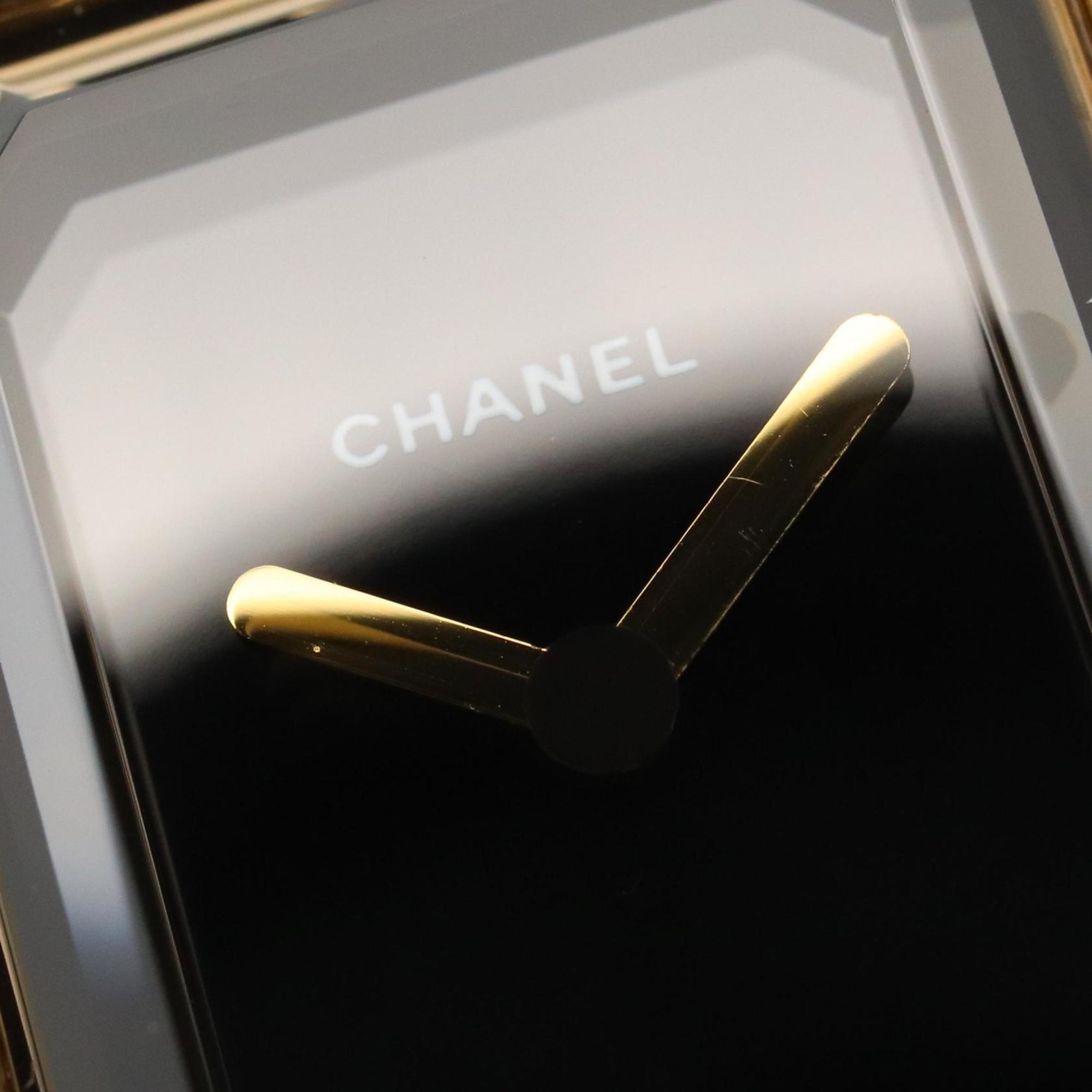 CHANEL Premiere S-horloge, verguld, met leren band, zwart, dames, H0001