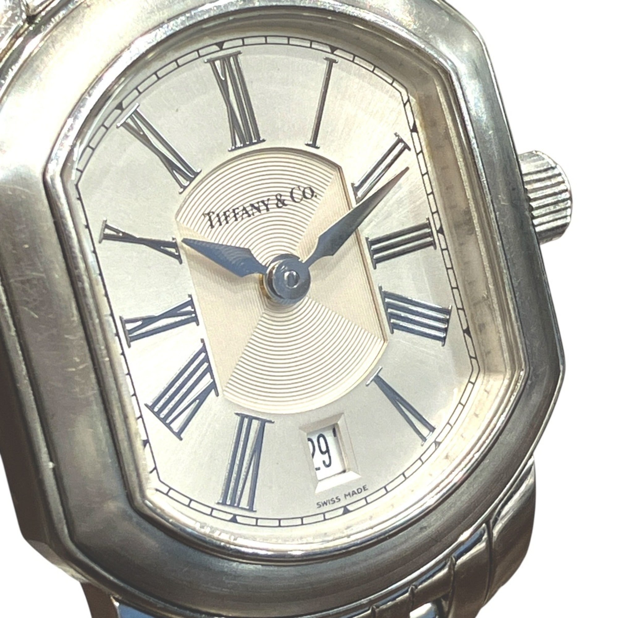 Tiffany & Co. Mark Coupe Date watch, total weight 58.2g, stainless steel, quartz movement, silver dial.